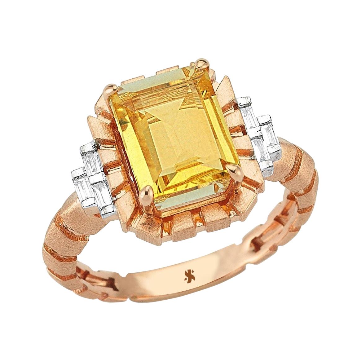 Niwa Ring in 14 Karat Rose Gold with White Baget Diamond & Citrine For Sale