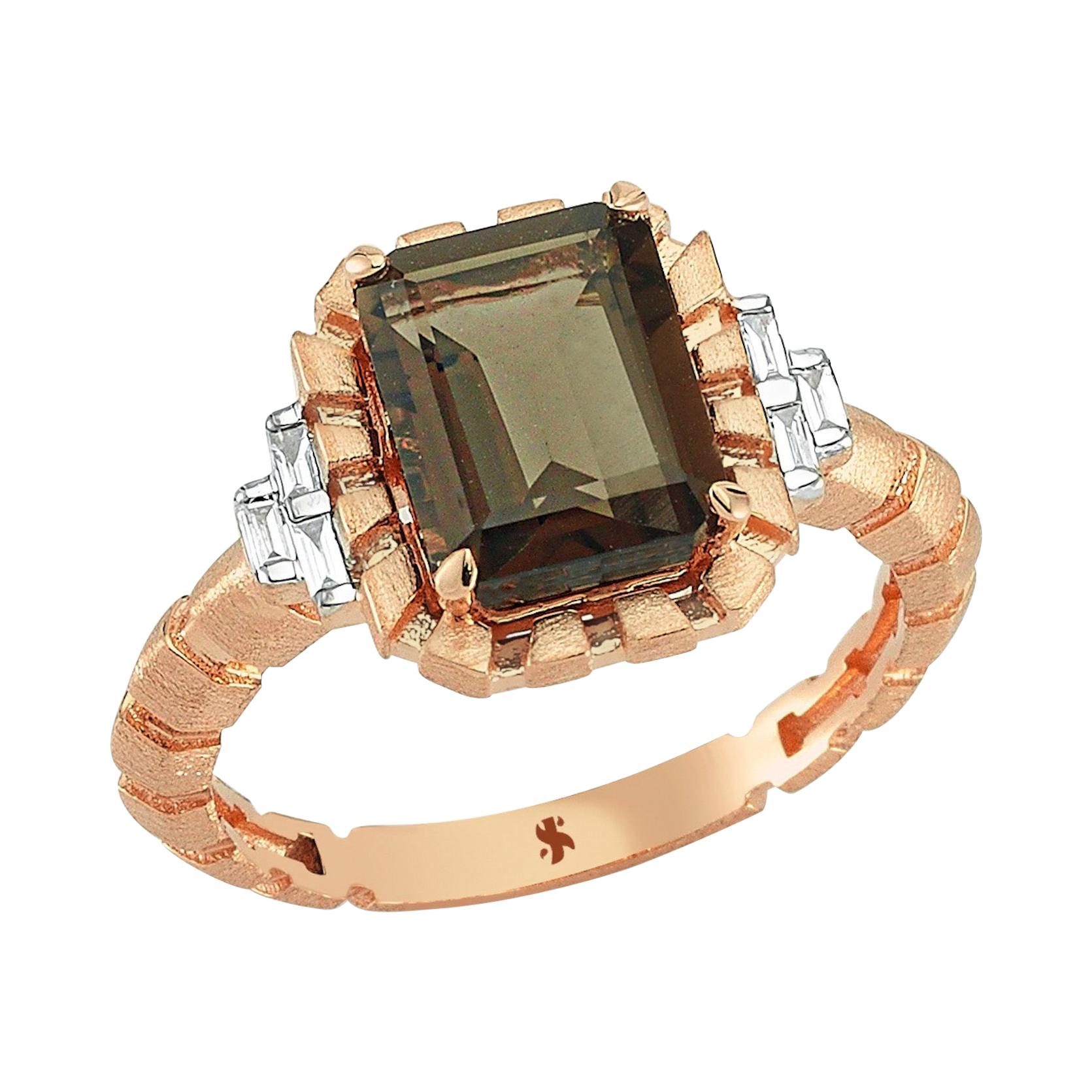 Niwa Ring in 14k Rose Gold with White Baget Diamond & Smoky Quartz