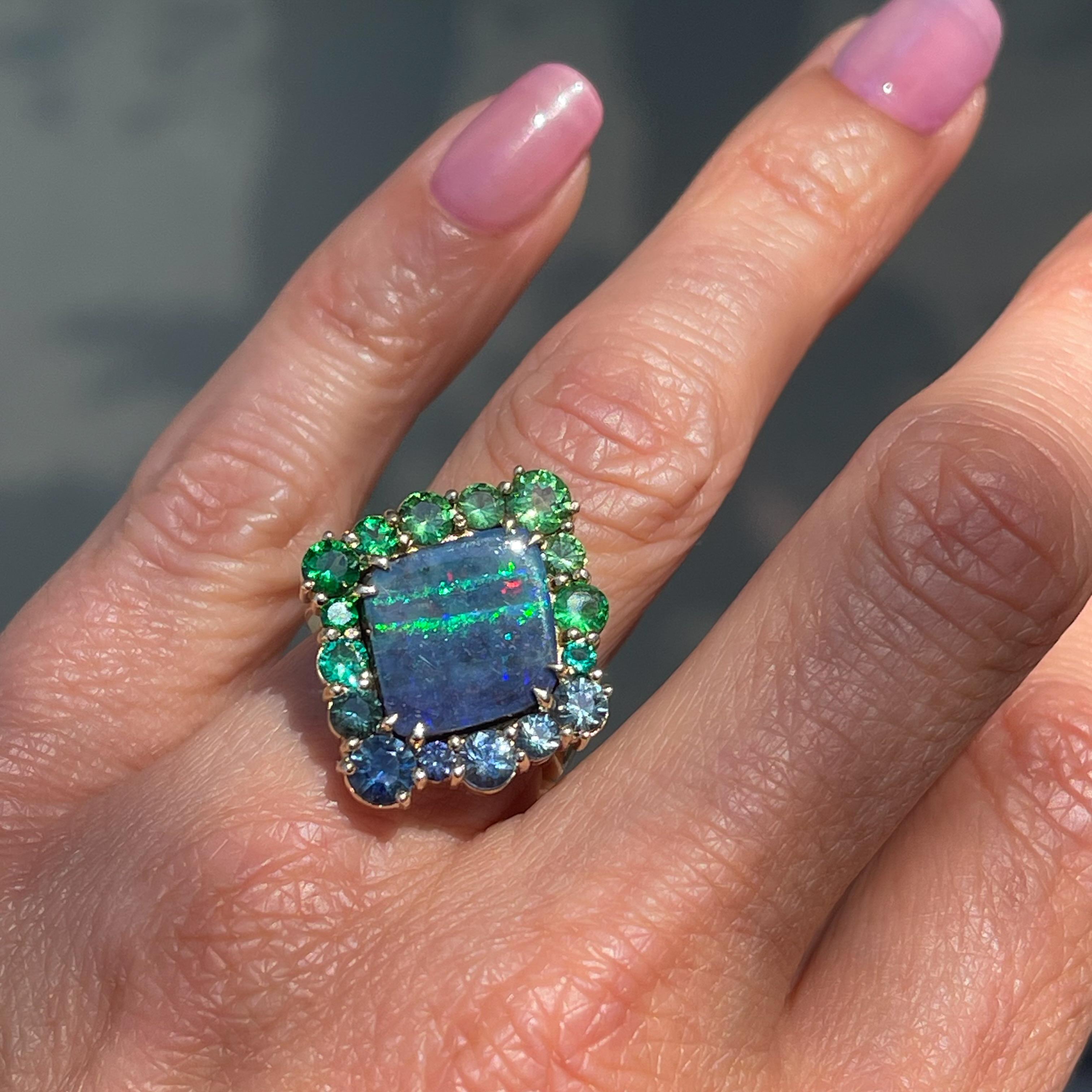 Uncut NIXIN Jewelry Argyle Allure Australian Opal Ring with Sapphire, Emerald & Garnet For Sale