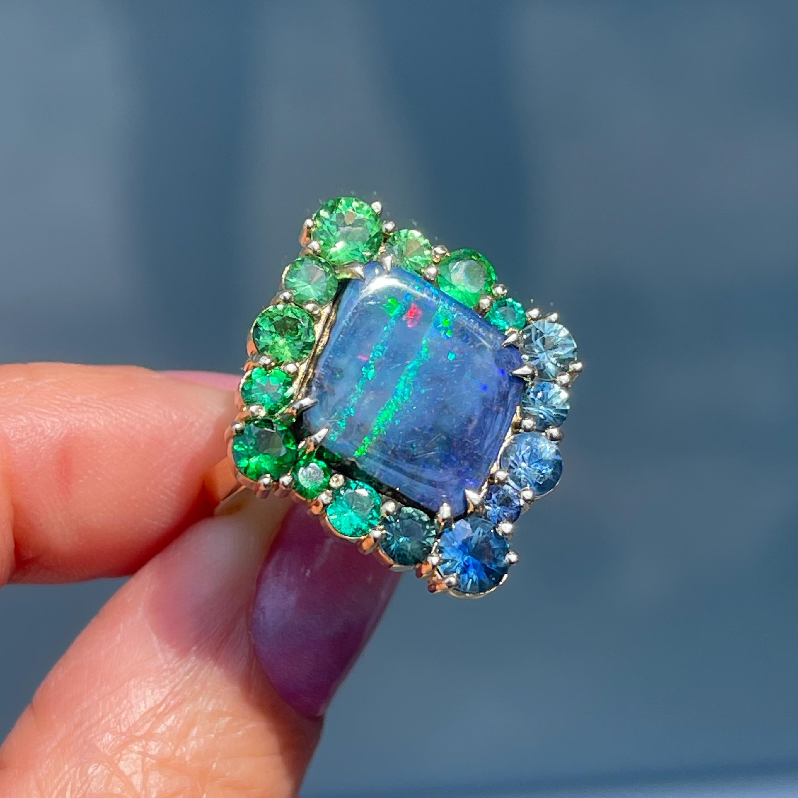 NIXIN Jewelry Argyle Allure Australian Opal Ring with Sapphire, Emerald & Garnet In New Condition For Sale In Los Angeles, CA