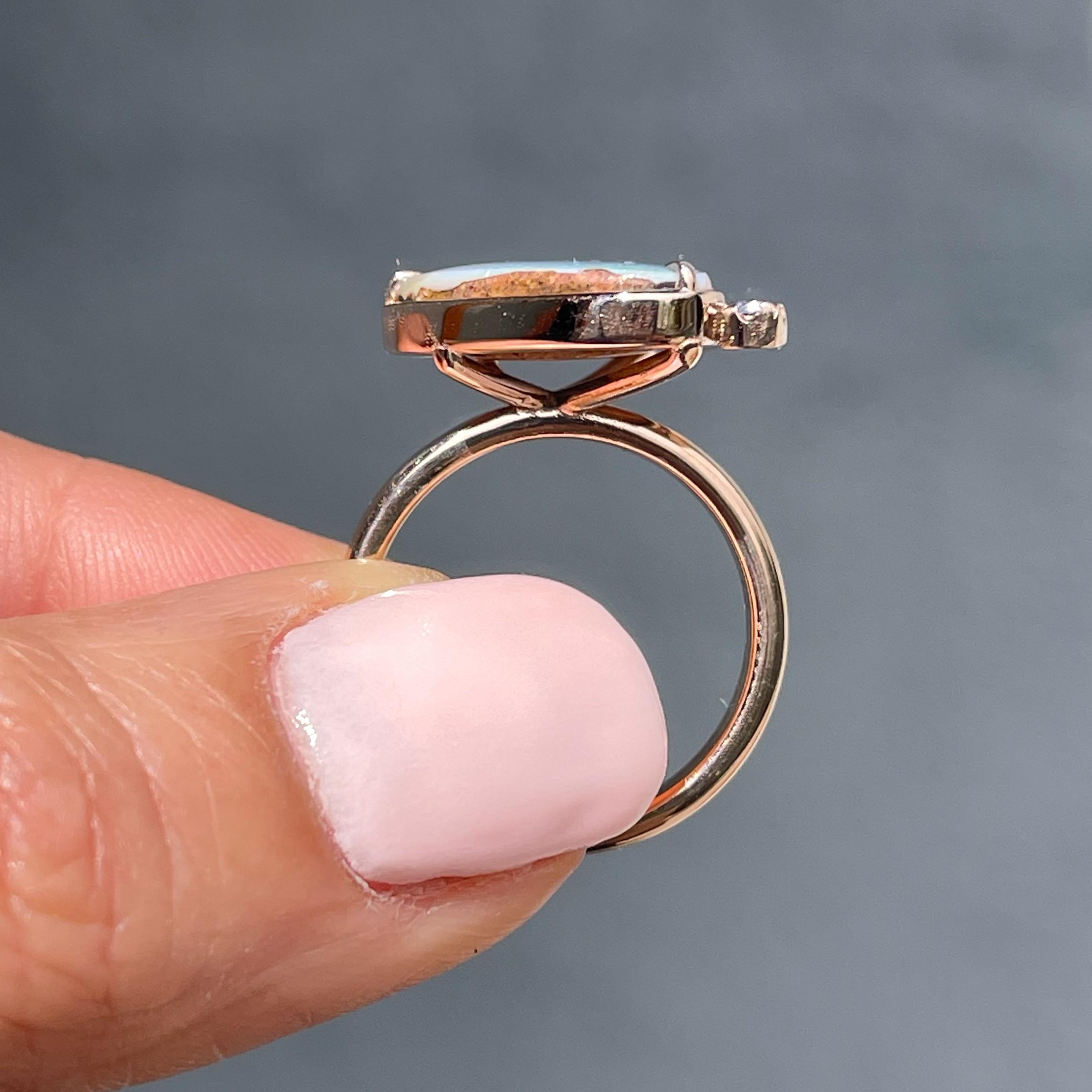 NIXIN Jewelry Champagne Skies Australian Opal Ring with Sapphires in Rose Gold For Sale 4