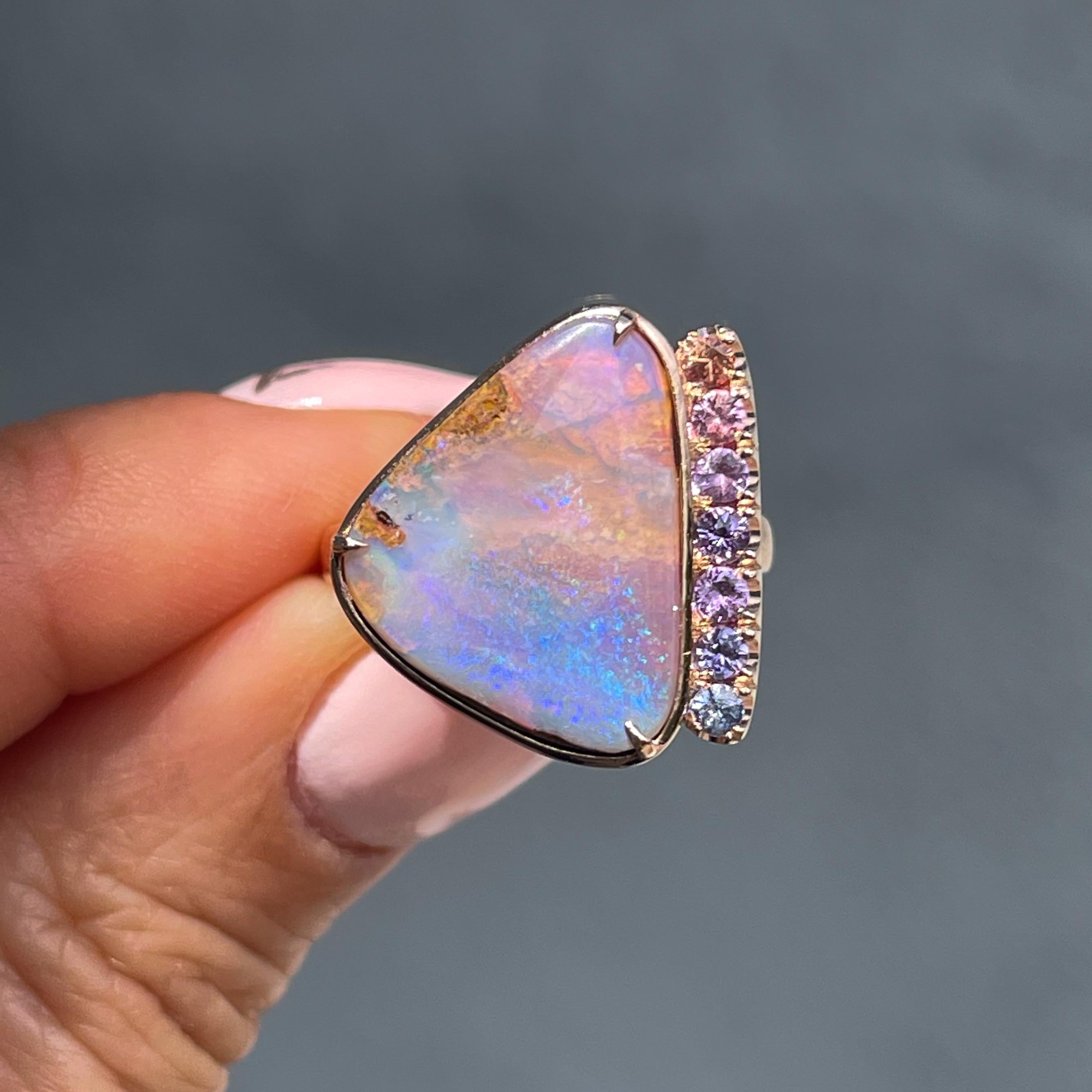 Contemporary NIXIN Jewelry Champagne Skies Australian Opal Ring with Sapphires in Rose Gold For Sale