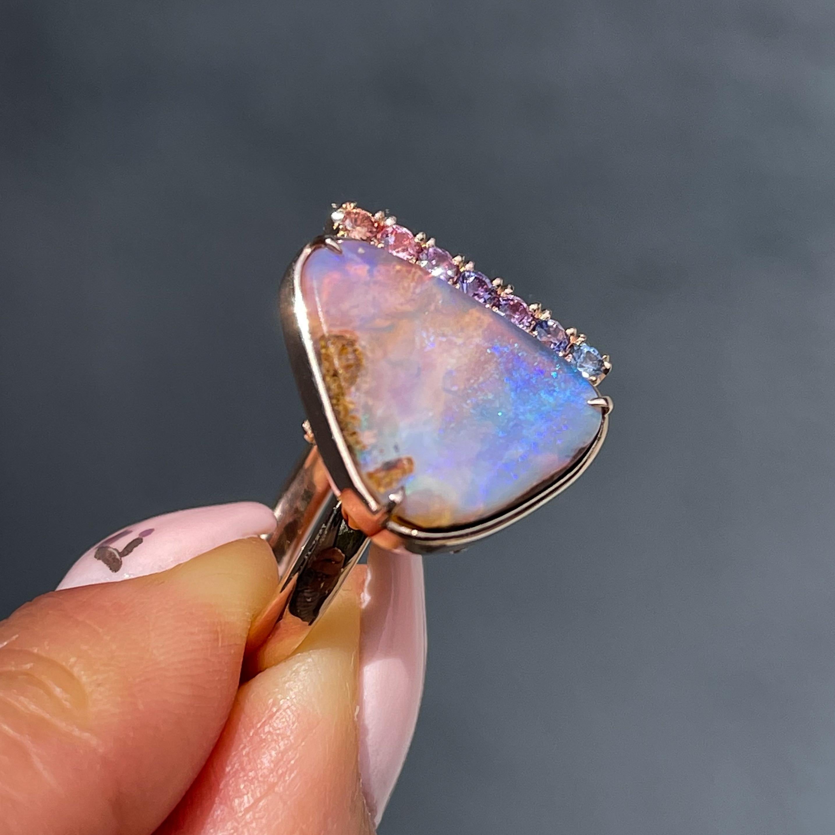 Brilliant Cut NIXIN Jewelry Champagne Skies Australian Opal Ring with Sapphires in Rose Gold For Sale