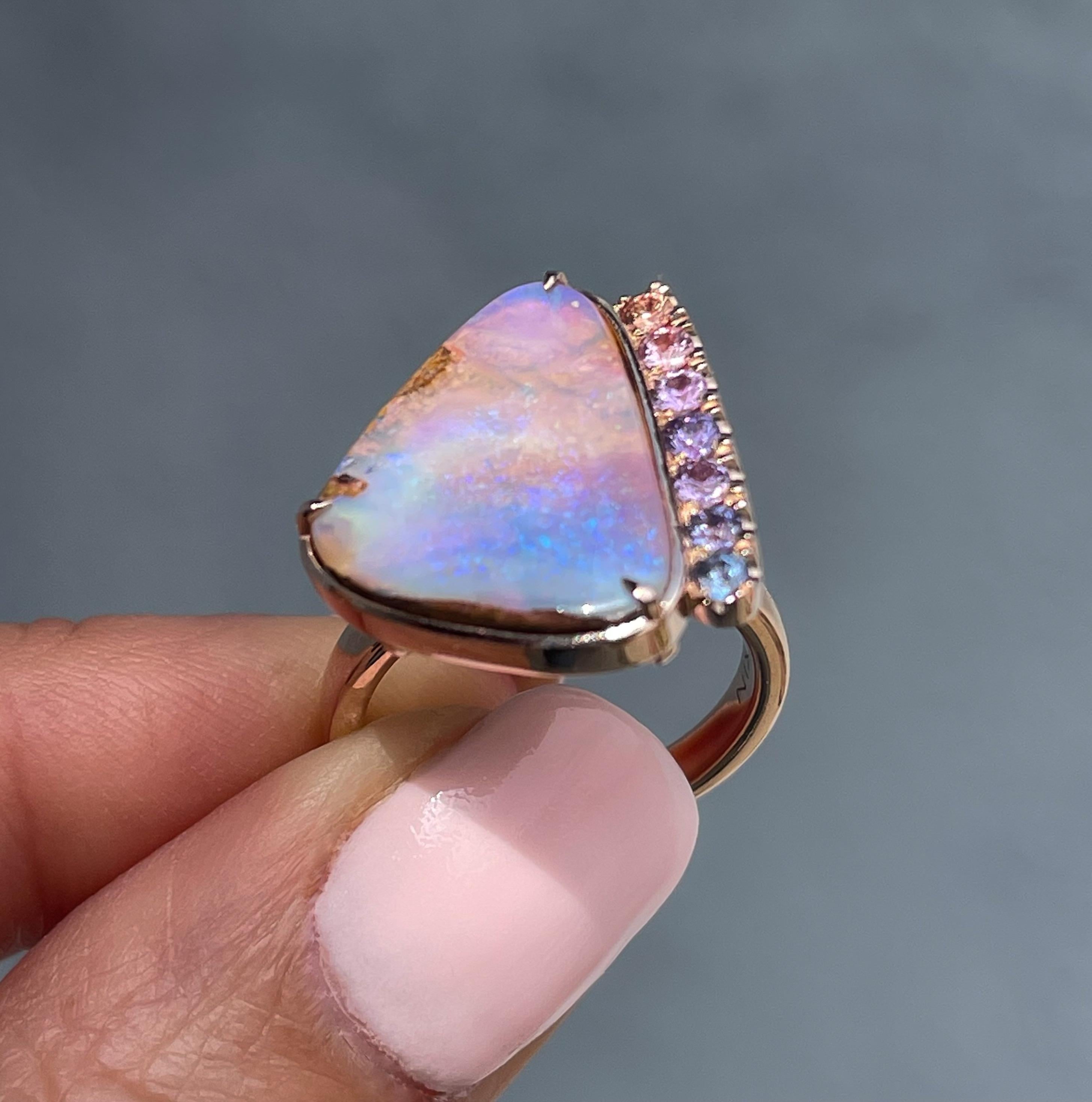 NIXIN Jewelry Champagne Skies Australian Opal Ring with Sapphires in Rose Gold In New Condition For Sale In Los Angeles, CA