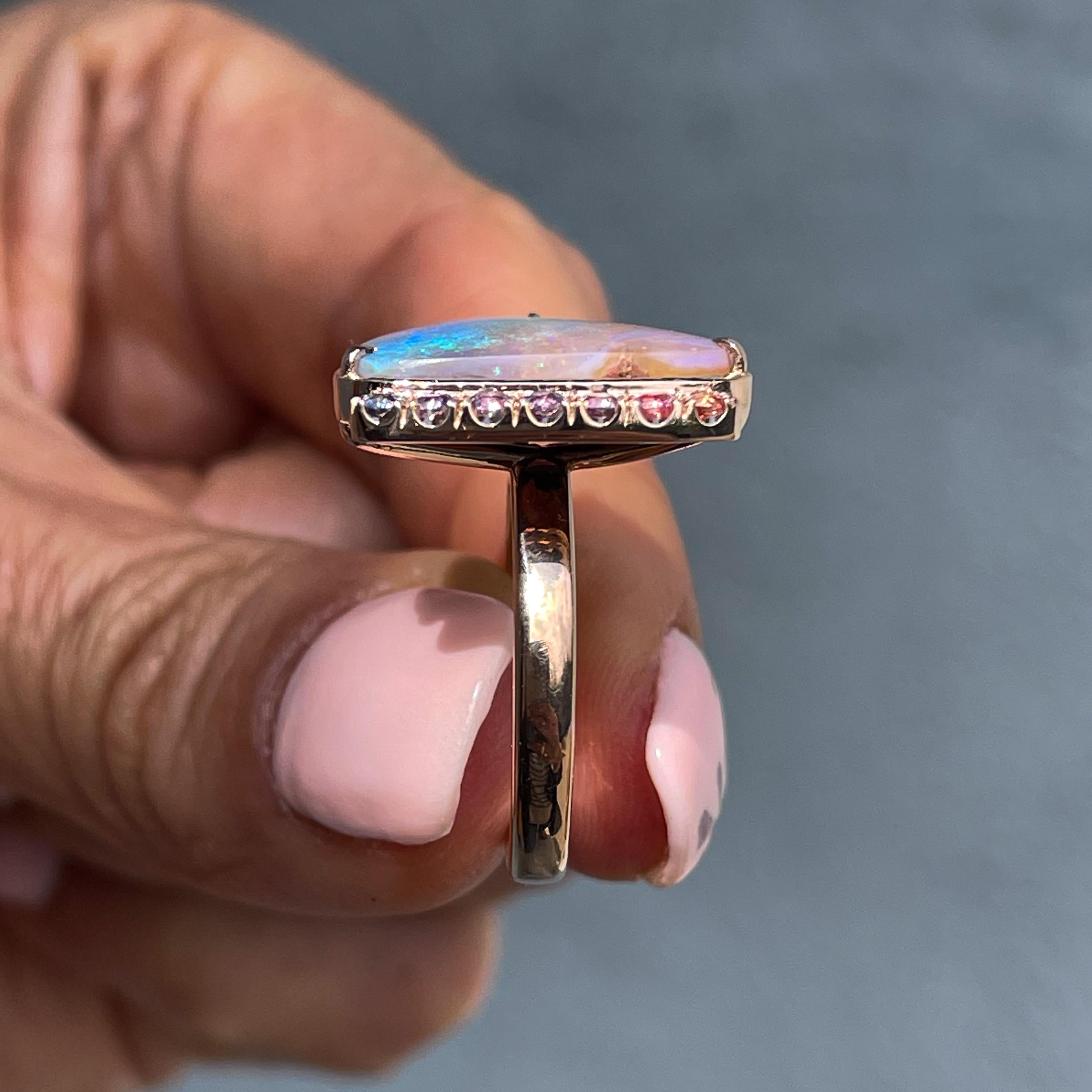 Women's NIXIN Jewelry Champagne Skies Australian Opal Ring with Sapphires in Rose Gold For Sale