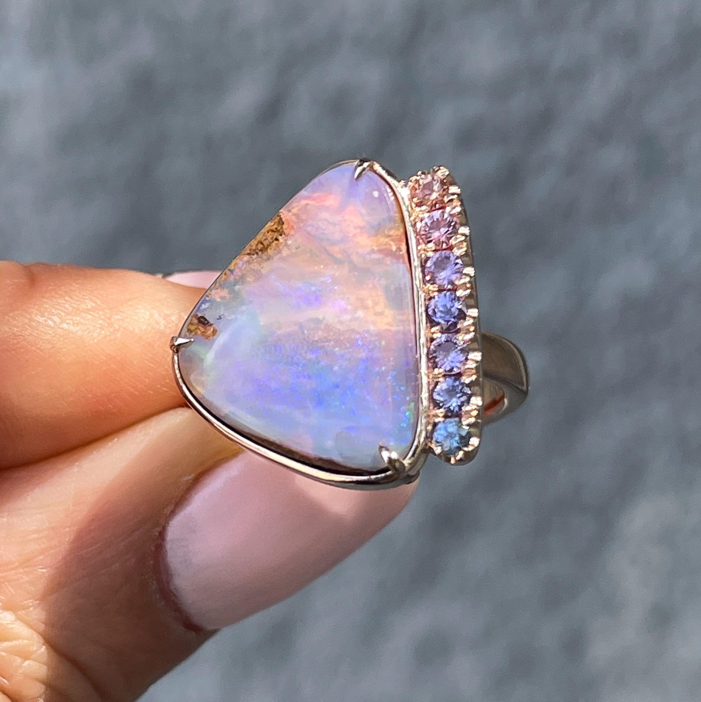NIXIN Jewelry Champagne Skies Australian Opal Ring with Sapphires in Rose Gold For Sale 1