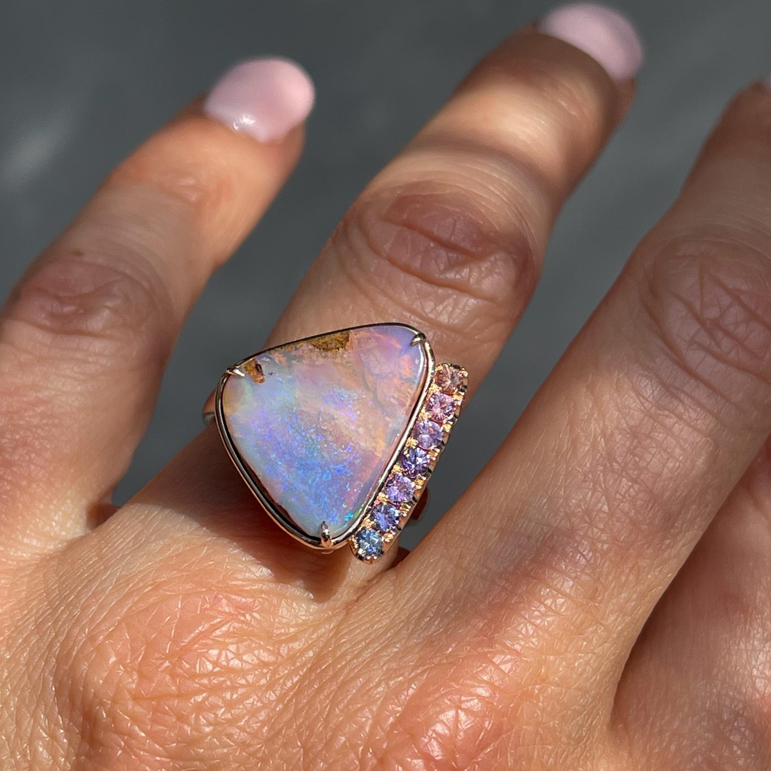 NIXIN Jewelry Champagne Skies Australian Opal Ring with Sapphires in Rose Gold For Sale 2