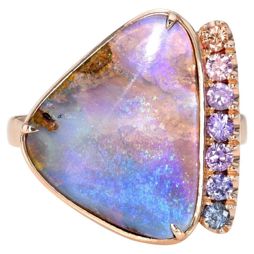 NIXIN Jewelry Champagne Skies Australian Opal Ring with Sapphires in Rose Gold For Sale