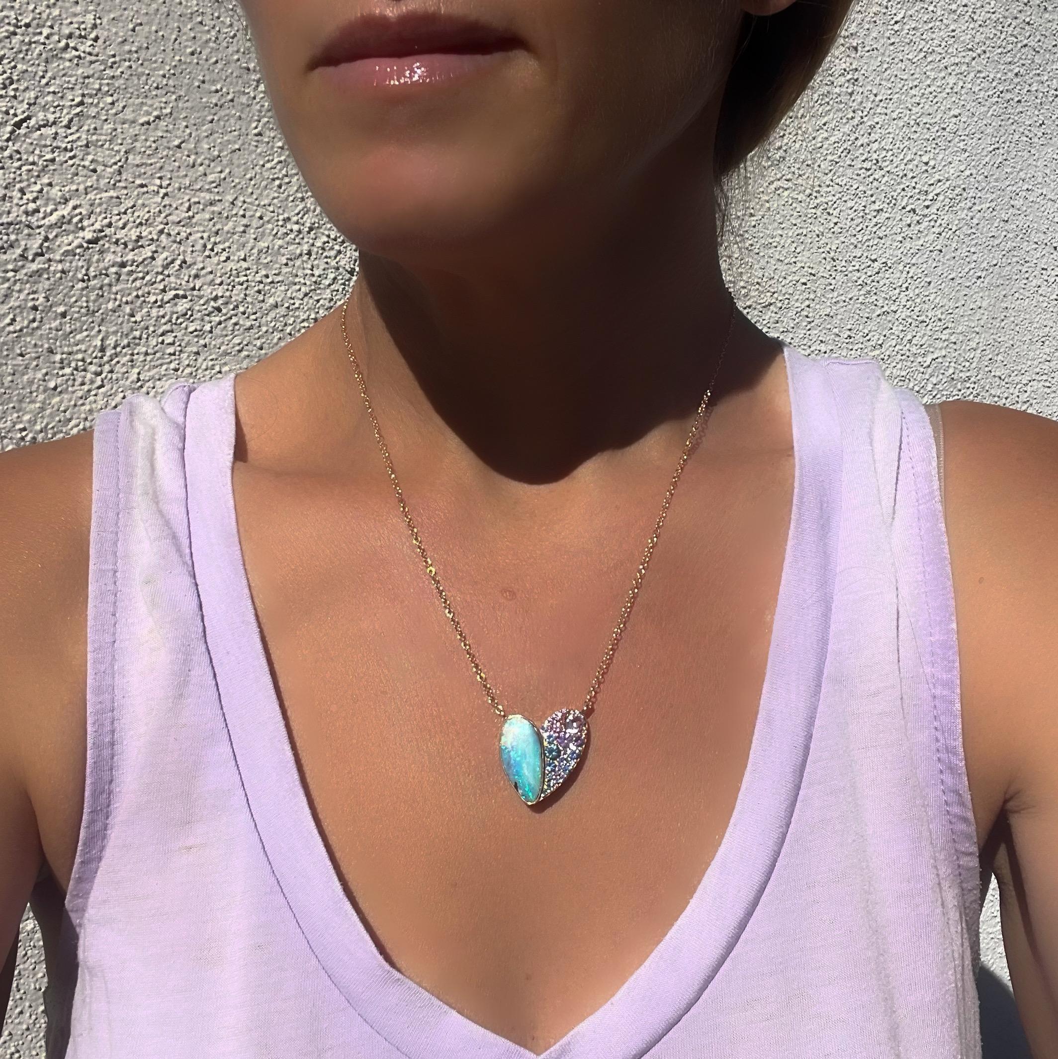 NIXIN Jewelry Cobbled Heart Opal Necklace with Sapphires in 14k Rose Gold 6