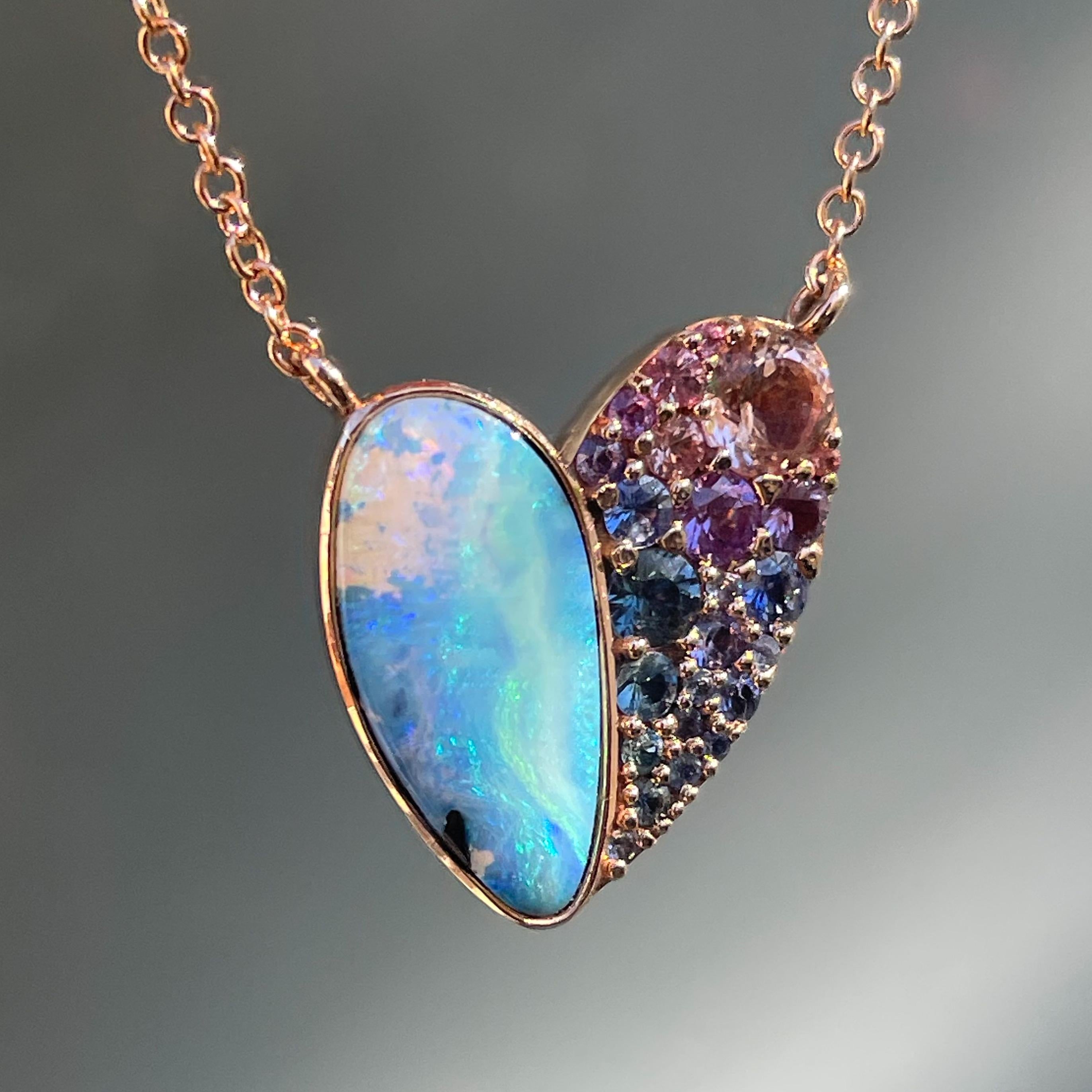 Brilliant Cut NIXIN Jewelry Cobbled Heart Opal Necklace with Sapphires in 14k Rose Gold