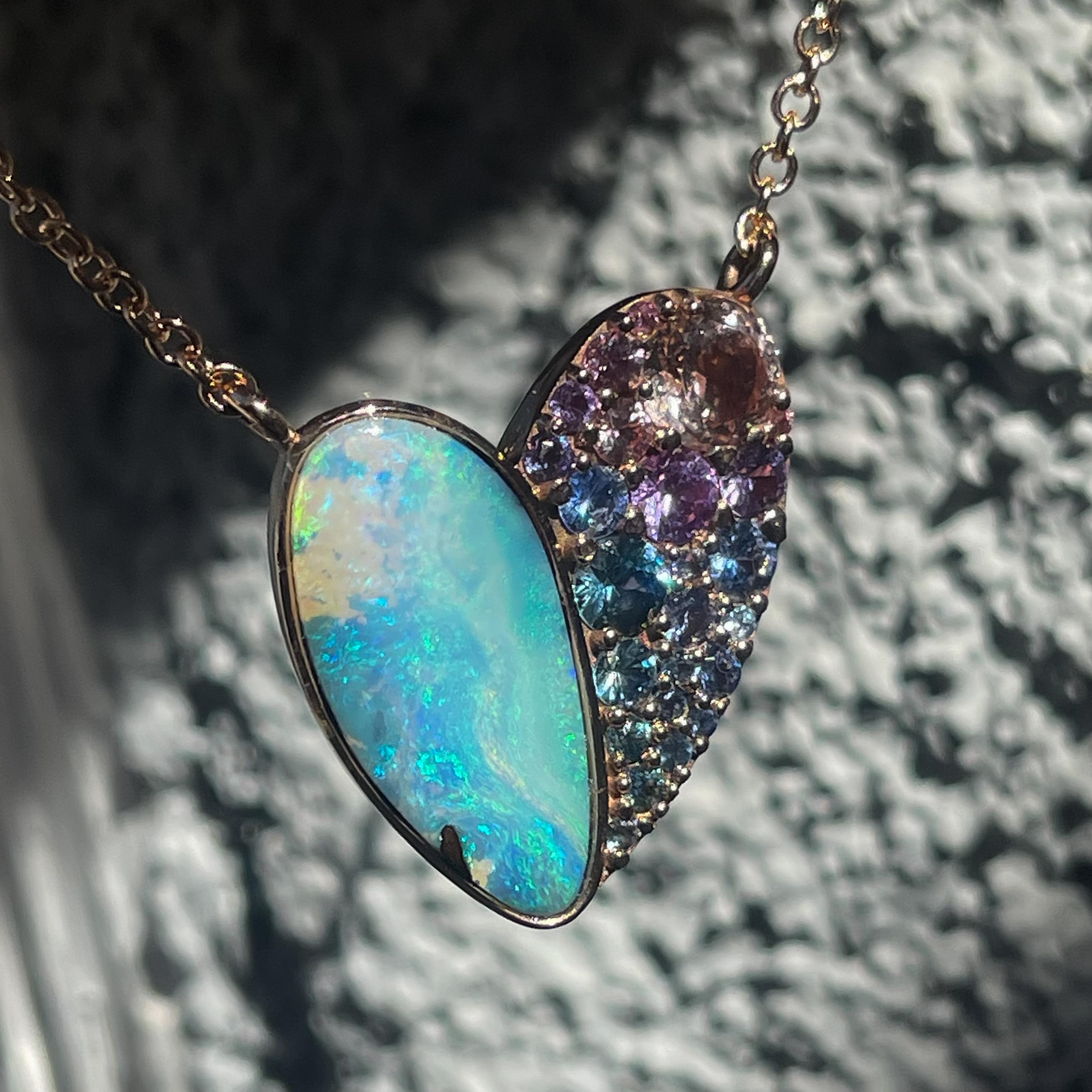 NIXIN Jewelry Cobbled Heart Opal Necklace with Sapphires in 14k Rose Gold In New Condition In Los Angeles, CA