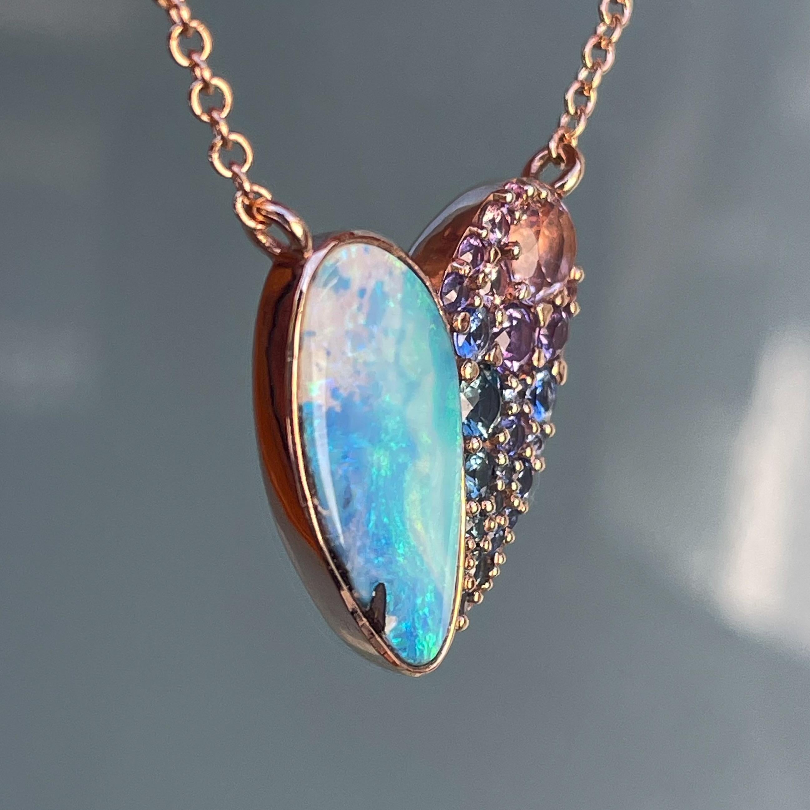 NIXIN Jewelry Cobbled Heart Opal Necklace with Sapphires in 14k Rose Gold 1