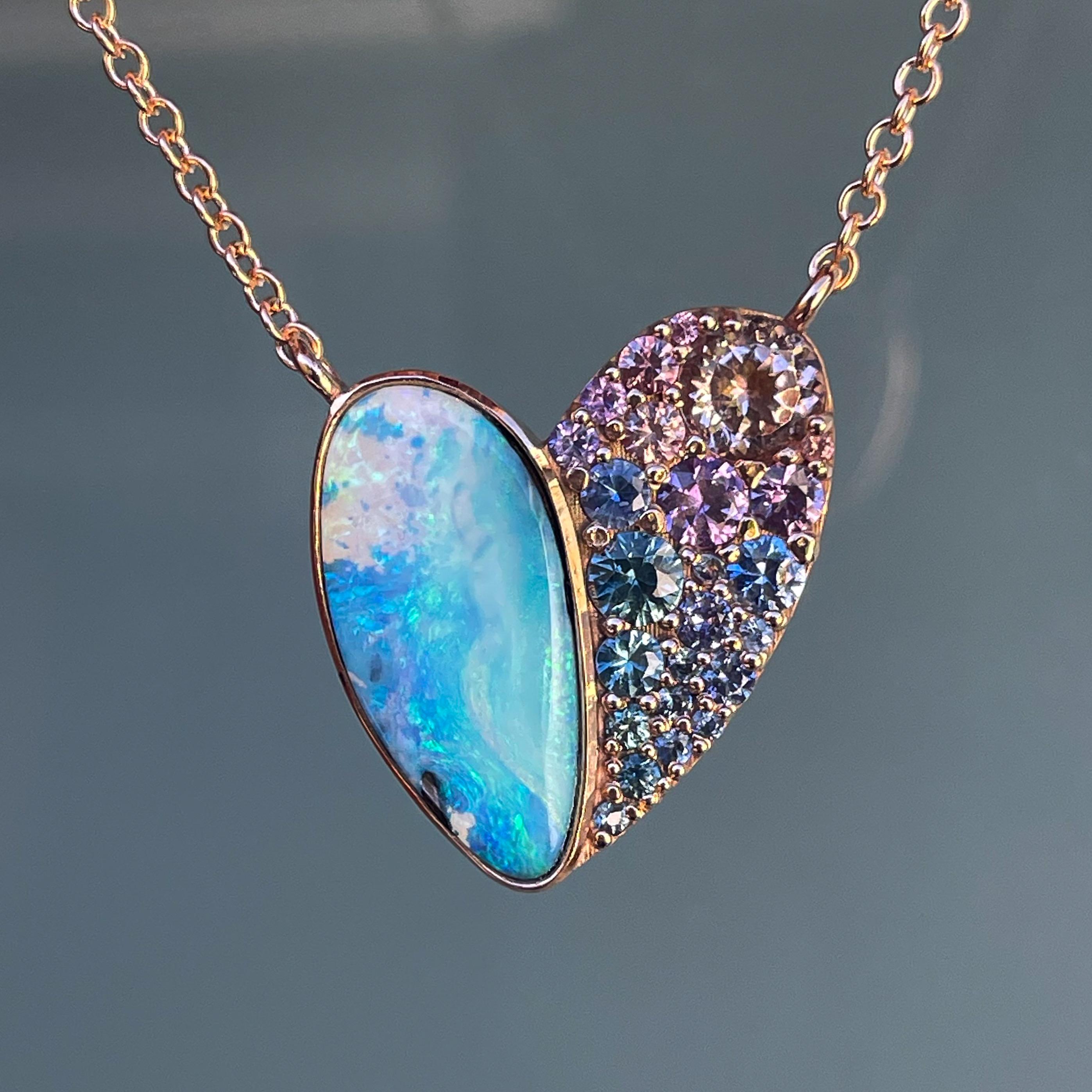 NIXIN Jewelry Cobbled Heart Opal Necklace with Sapphires in 14k Rose Gold 2