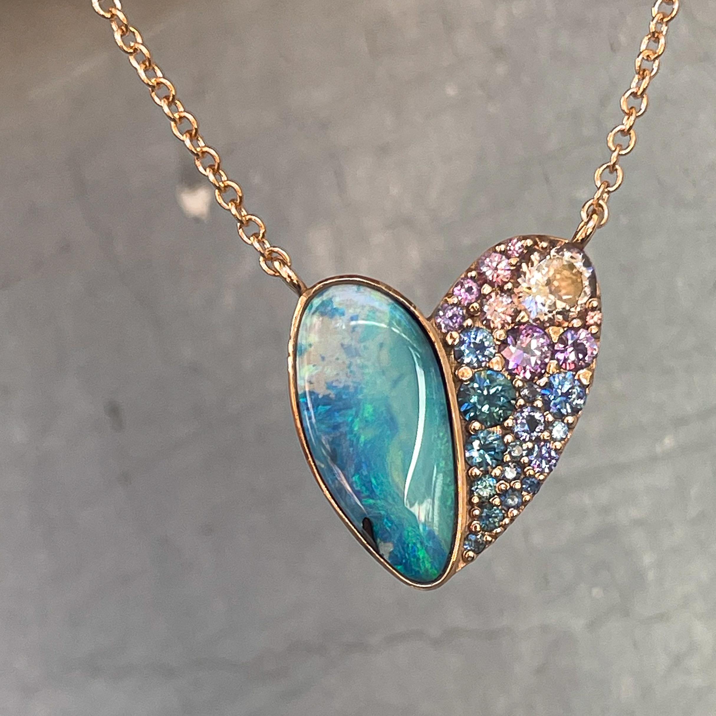 NIXIN Jewelry Cobbled Heart Opal Necklace with Sapphires in 14k Rose Gold 3