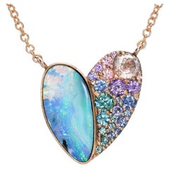 NIXIN Jewelry Cobbled Heart Opal Necklace with Sapphires in 14k Rose Gold