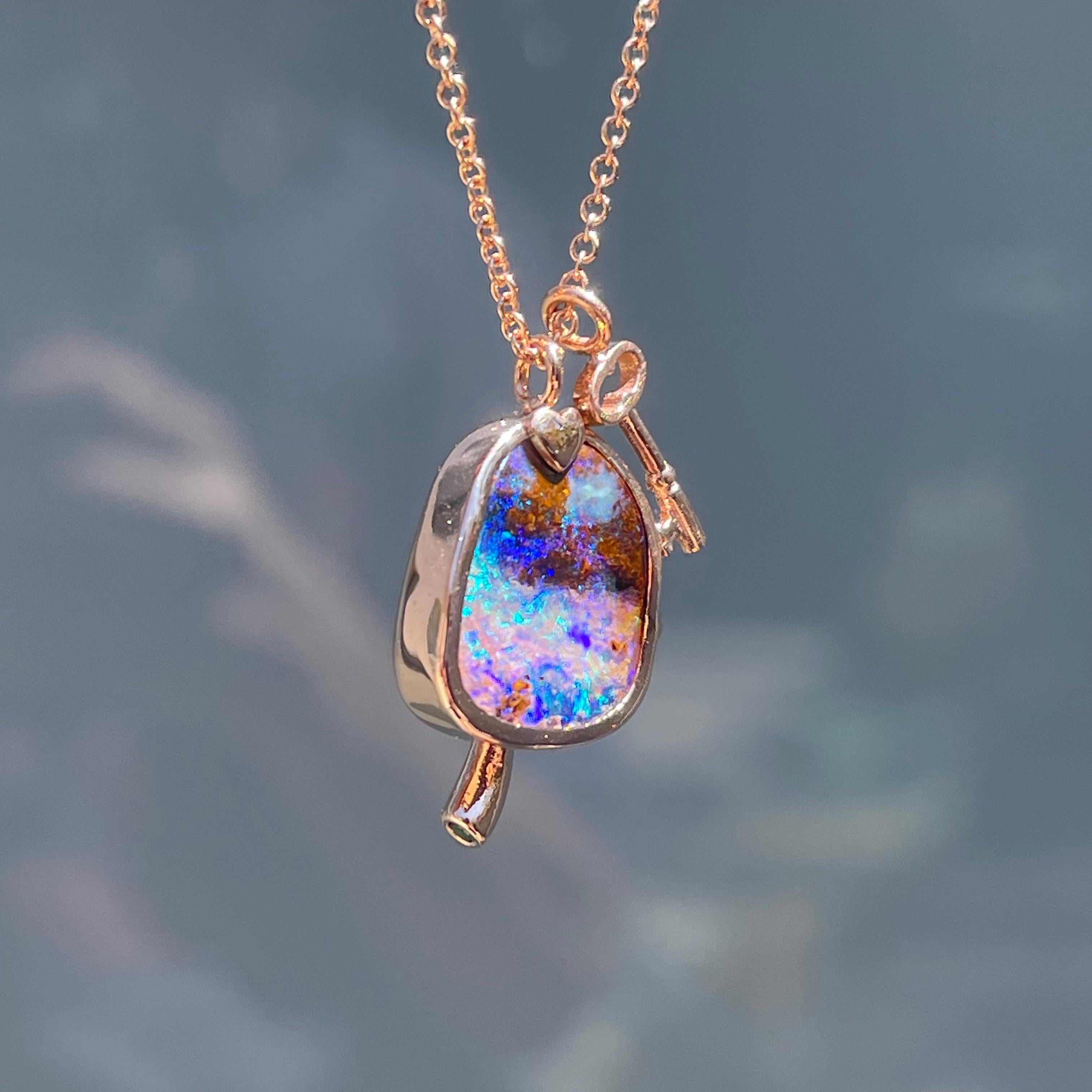 Contemporary NIXIN Jewelry Magic Mushroom Australian Opal Necklace with Emerald in Rose Gold For Sale
