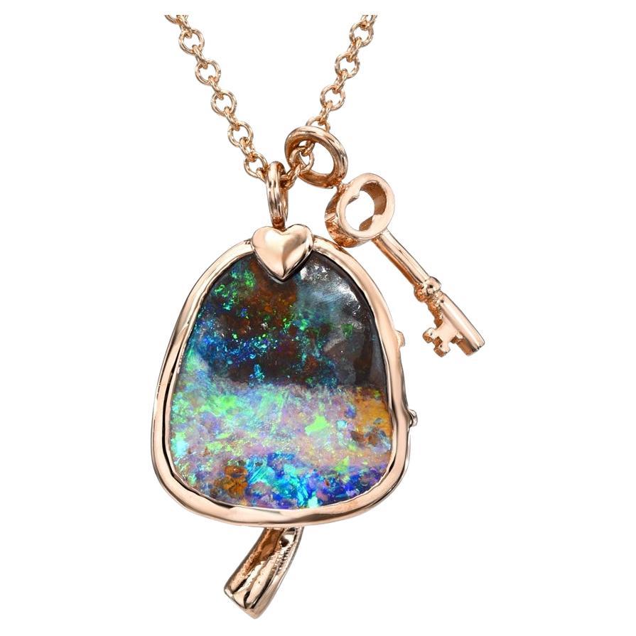 NIXIN Jewelry Magic Mushroom Australian Opal Necklace with Emerald in Rose Gold For Sale