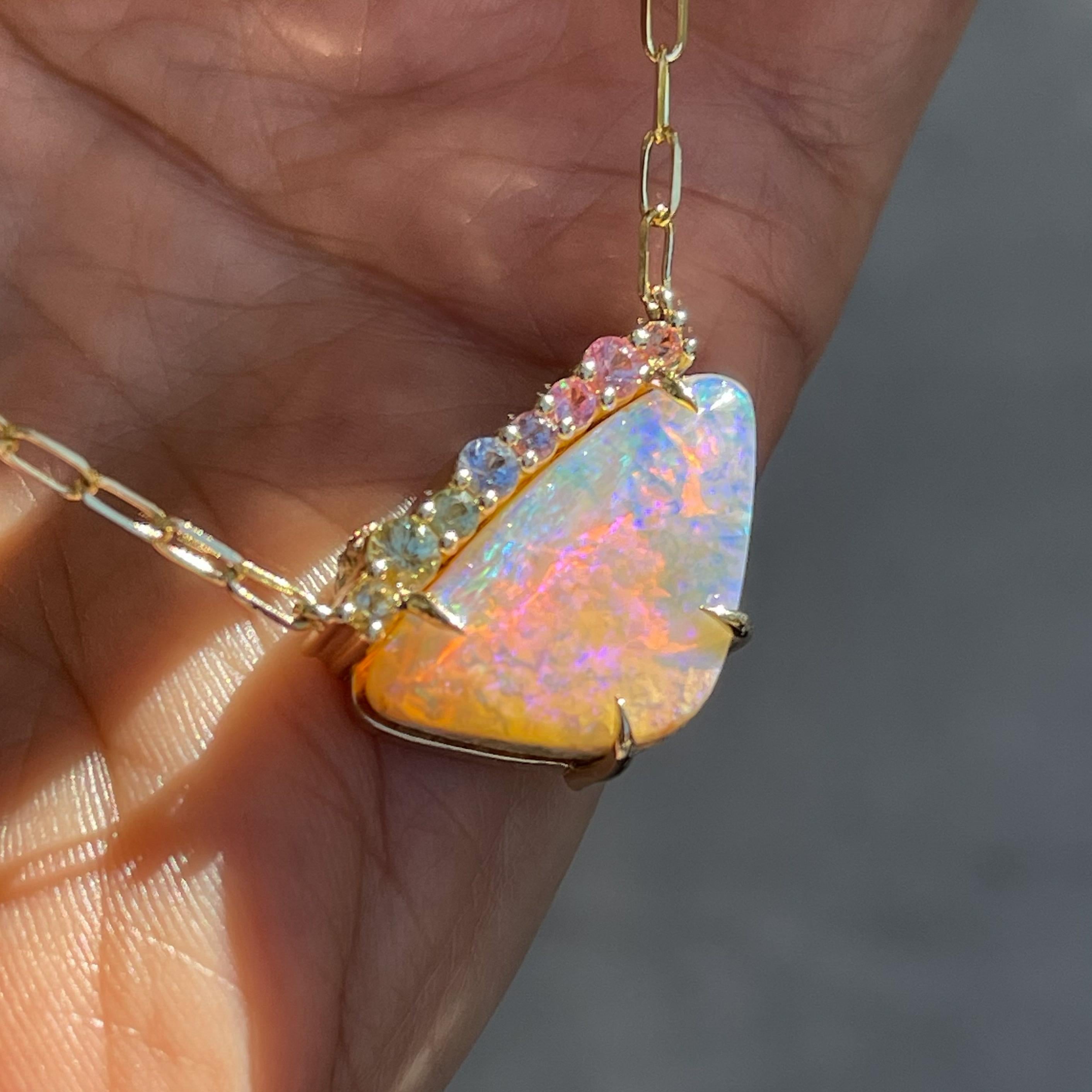 Contemporary NIXIN Jewelry Rainbow in Wait Australian Opal Necklace with Sapphires and Gold For Sale