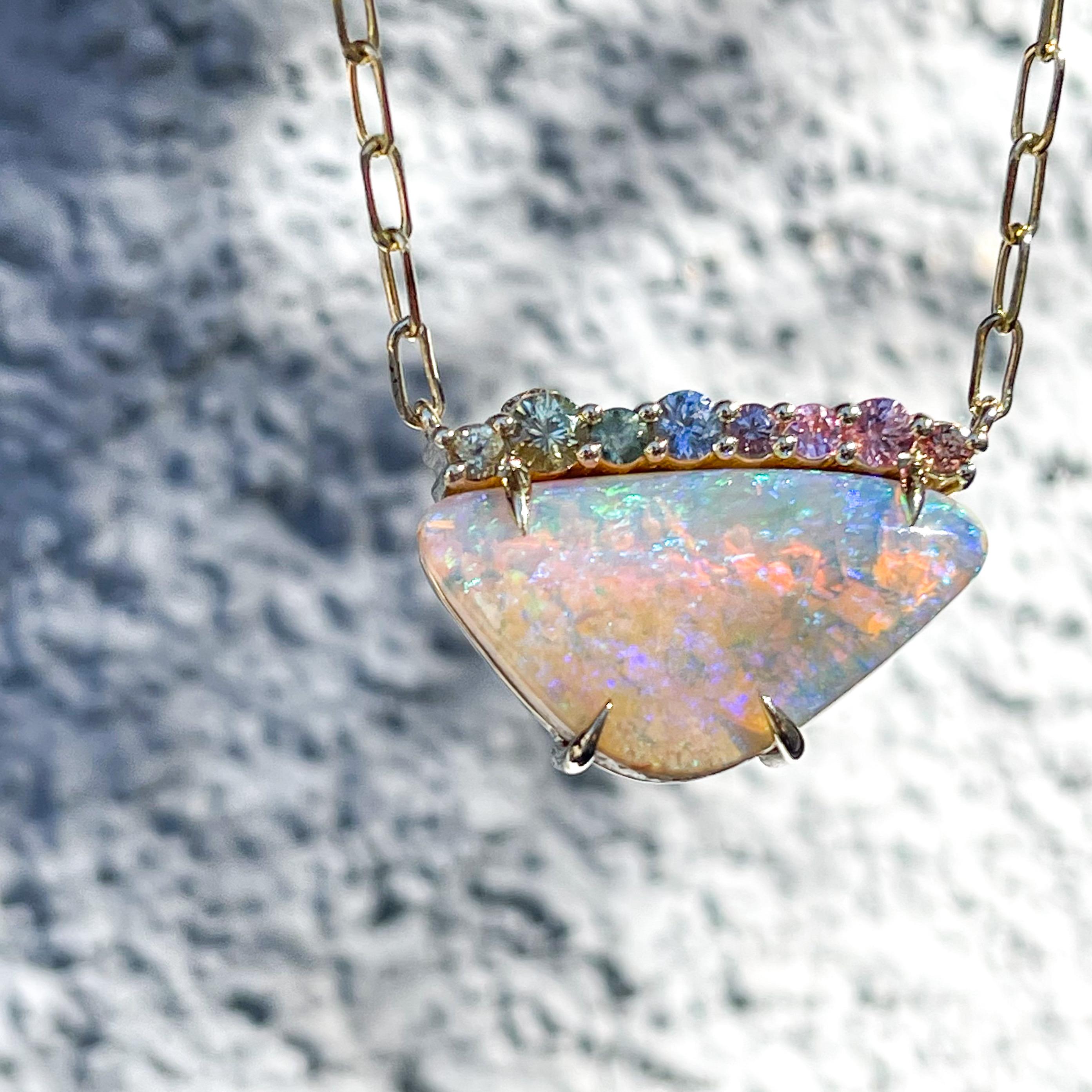 Brilliant Cut NIXIN Jewelry Rainbow in Wait Australian Opal Necklace with Sapphires and Gold For Sale