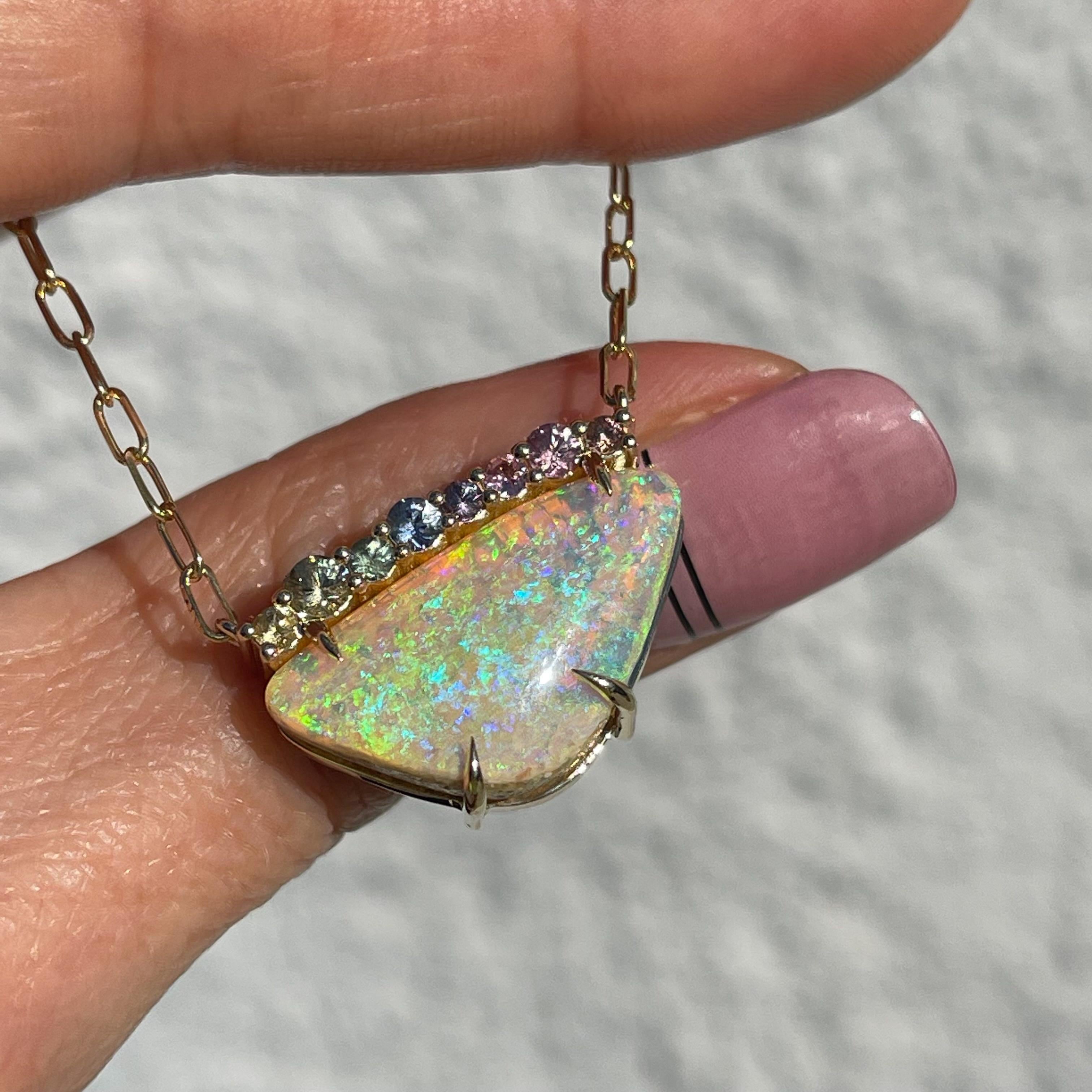 NIXIN Jewelry Rainbow in Wait Australian Opal Necklace with Sapphires and Gold For Sale 1