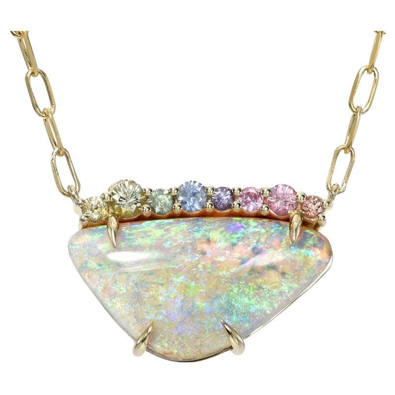 NIXIN Jewelry Rainbow in Wait Australian Opal Necklace with Sapphires and Gold For Sale