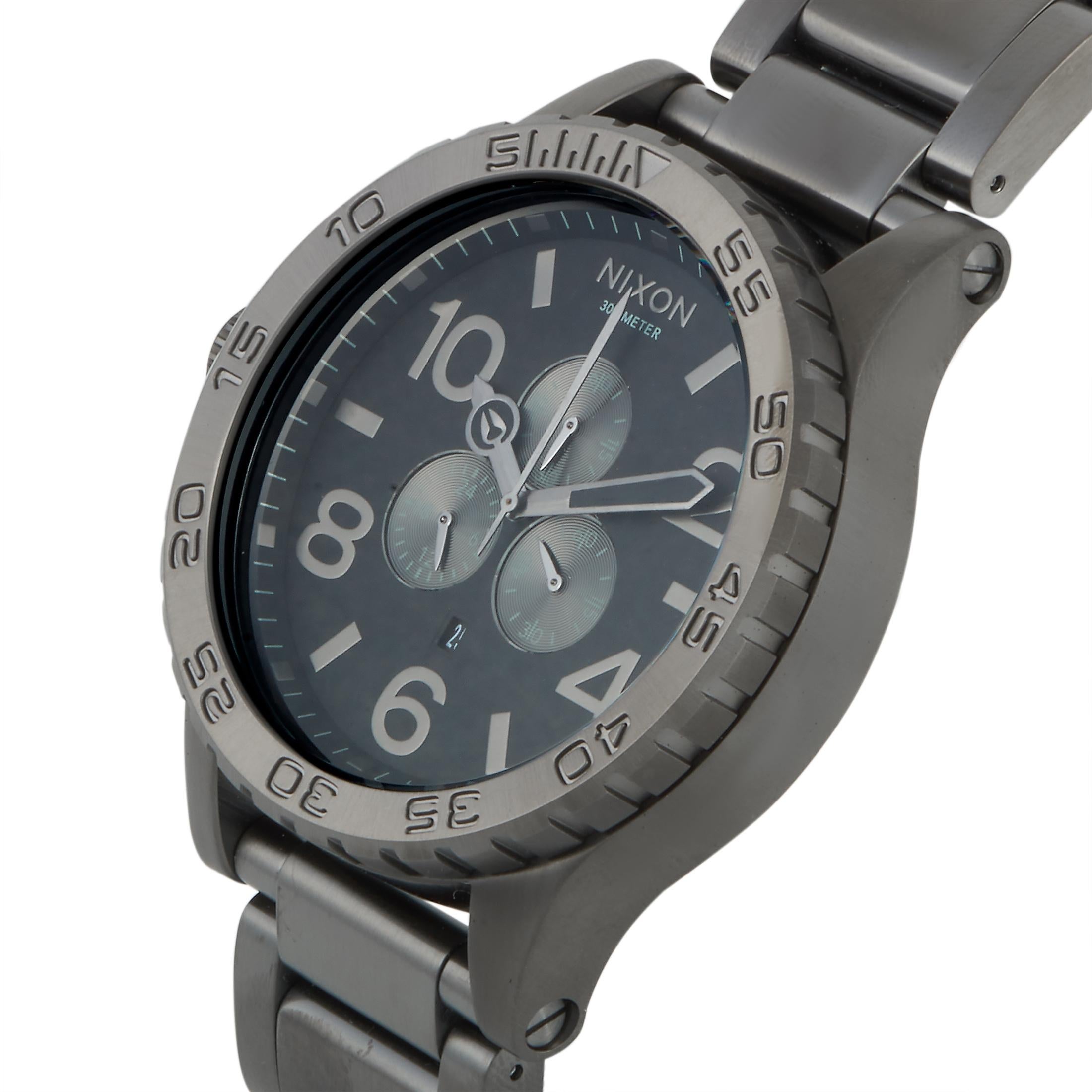 This is the Nixon 51-30 Chrono All Gunmetal watch, reference number A083-632-00.

It is powered by a Miyota quartz movement and on the gunmetal dial with Arabic numerals features the following functions: hours, minutes, chronograph, 24-hour