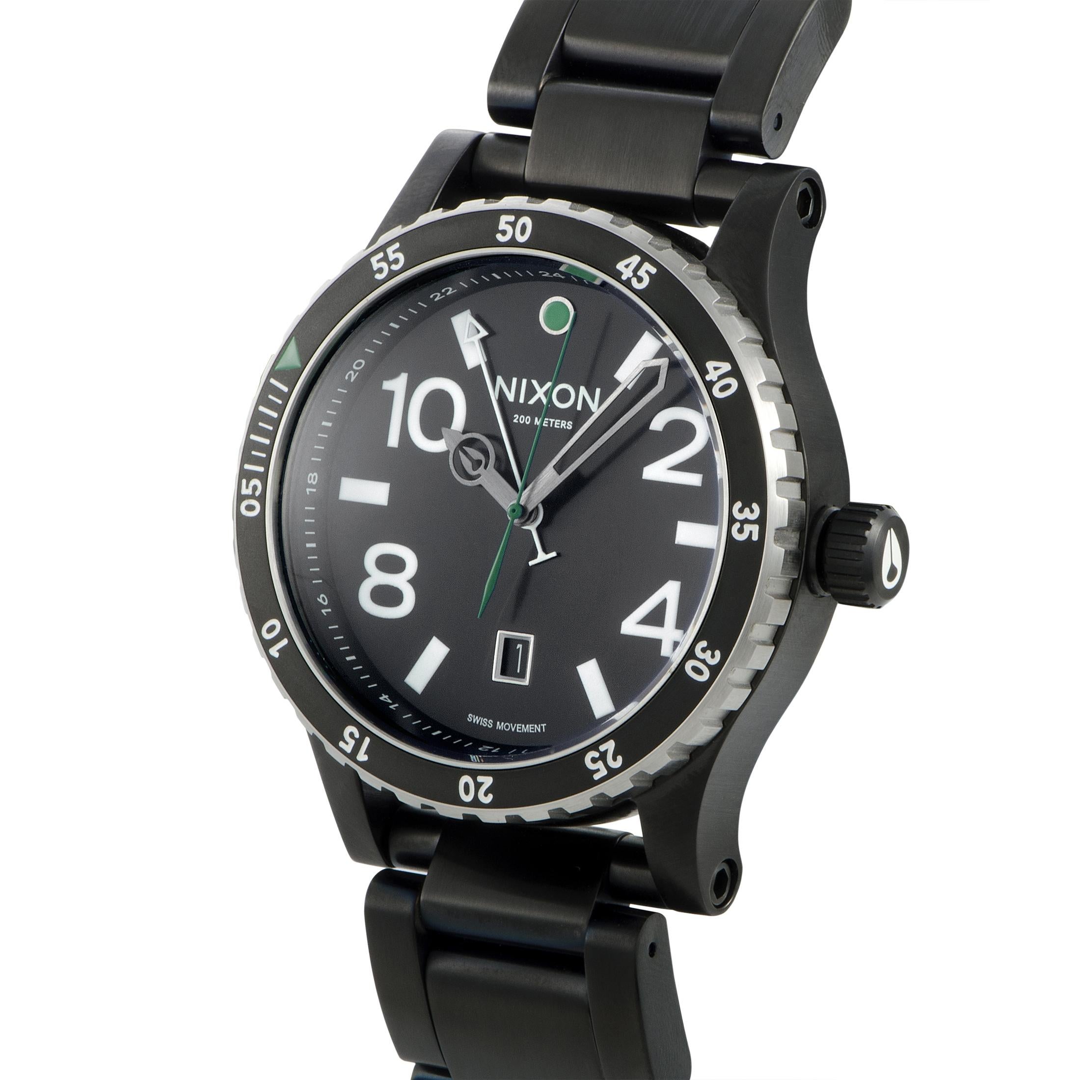 Boasting a 45 mm stainless steel case that is presented on a matching stainless steel bracelet, this model offers water resistance of 200 meters. The watch is powered by a quartz movement and features the following functions – hours, minutes,
