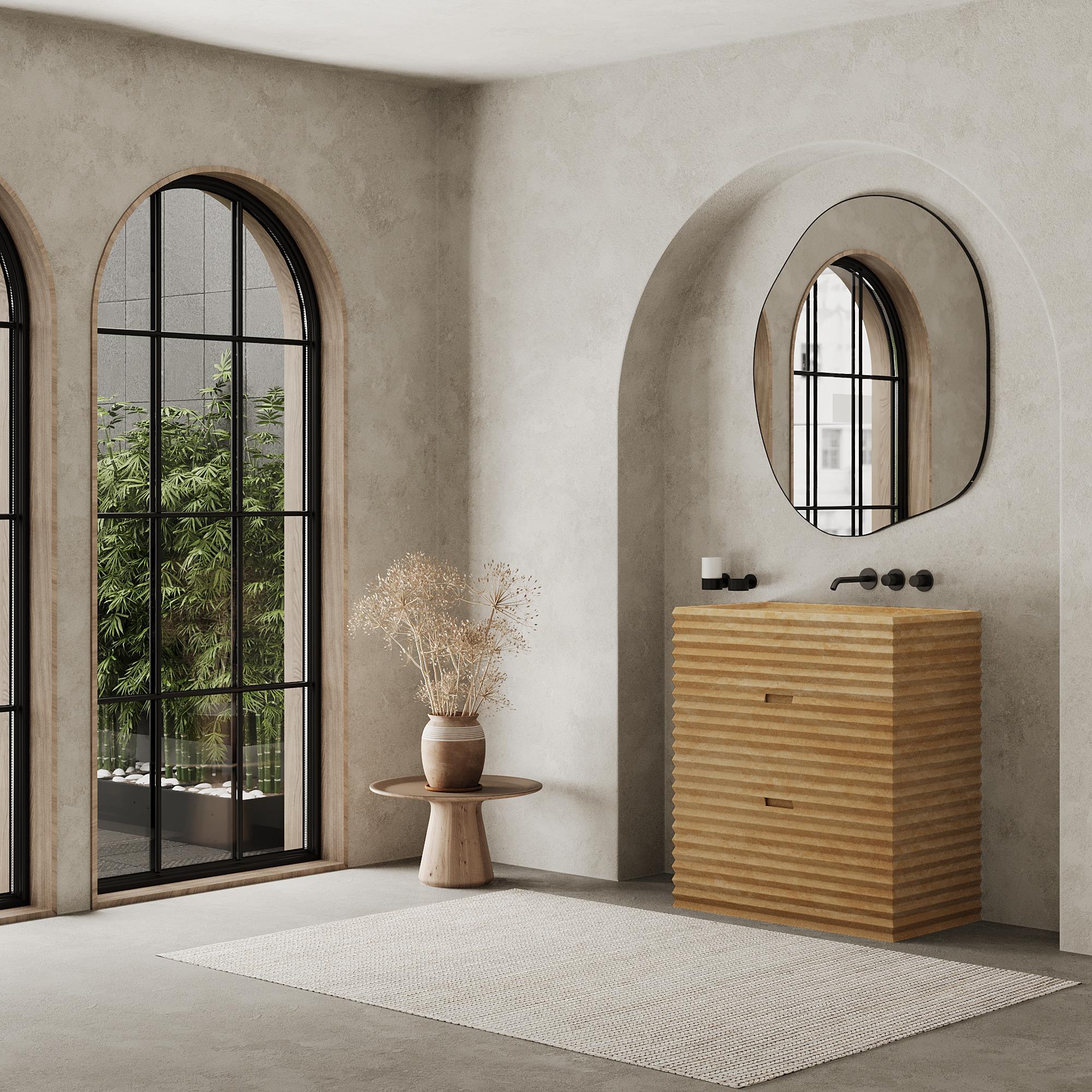 Verschönern Sie Ihr Badezimmer mit unserem luxuriösen Njord-Marmorwaschtisch, der mit seiner schön gerippten Textur Ihrem Badezimmer Tiefe und Charakter verleiht. Das Äußere ist komplett aus hochwertigem Marmor gefertigt, während das Innere aus