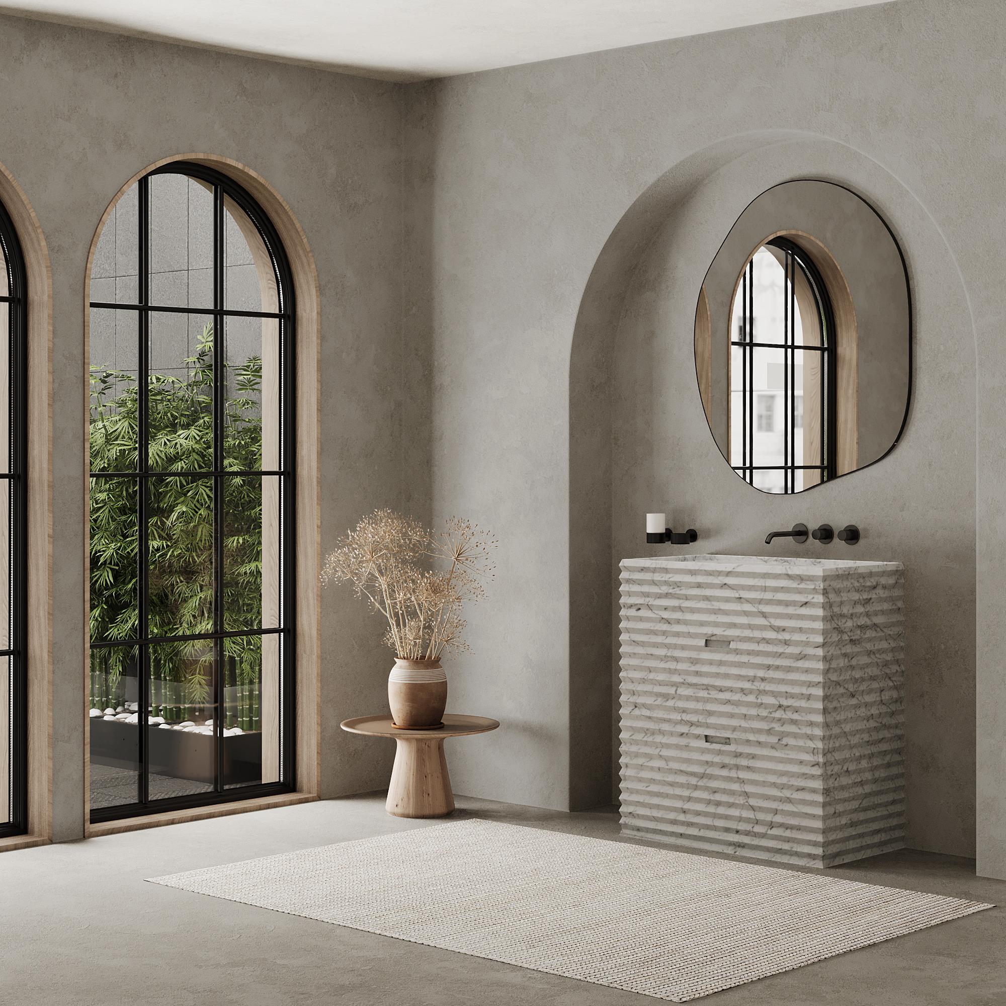 Valorizza il tuo bagno con il nostro lussuoso Njord Marble Vanity, caratterizzato da una splendida texture a coste che aggiunge profondità e carattere all'estetica del tuo bagno. L'esterno è interamente realizzato in marmo pregiato, mentre l'interno