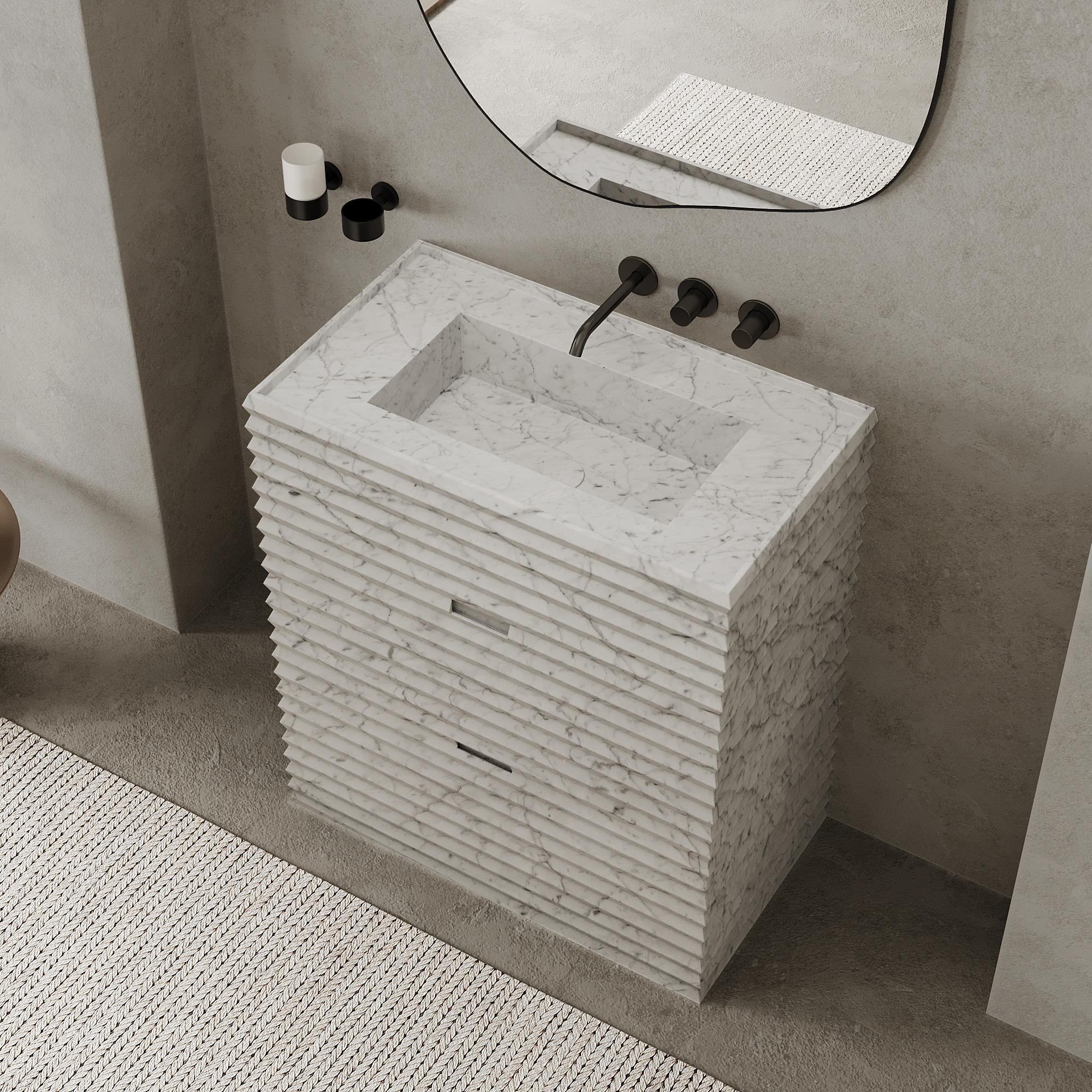 Scandinavo moderno Njord - Mobiletto da bagno in marmo a coste - Whiting Carrara in vendita