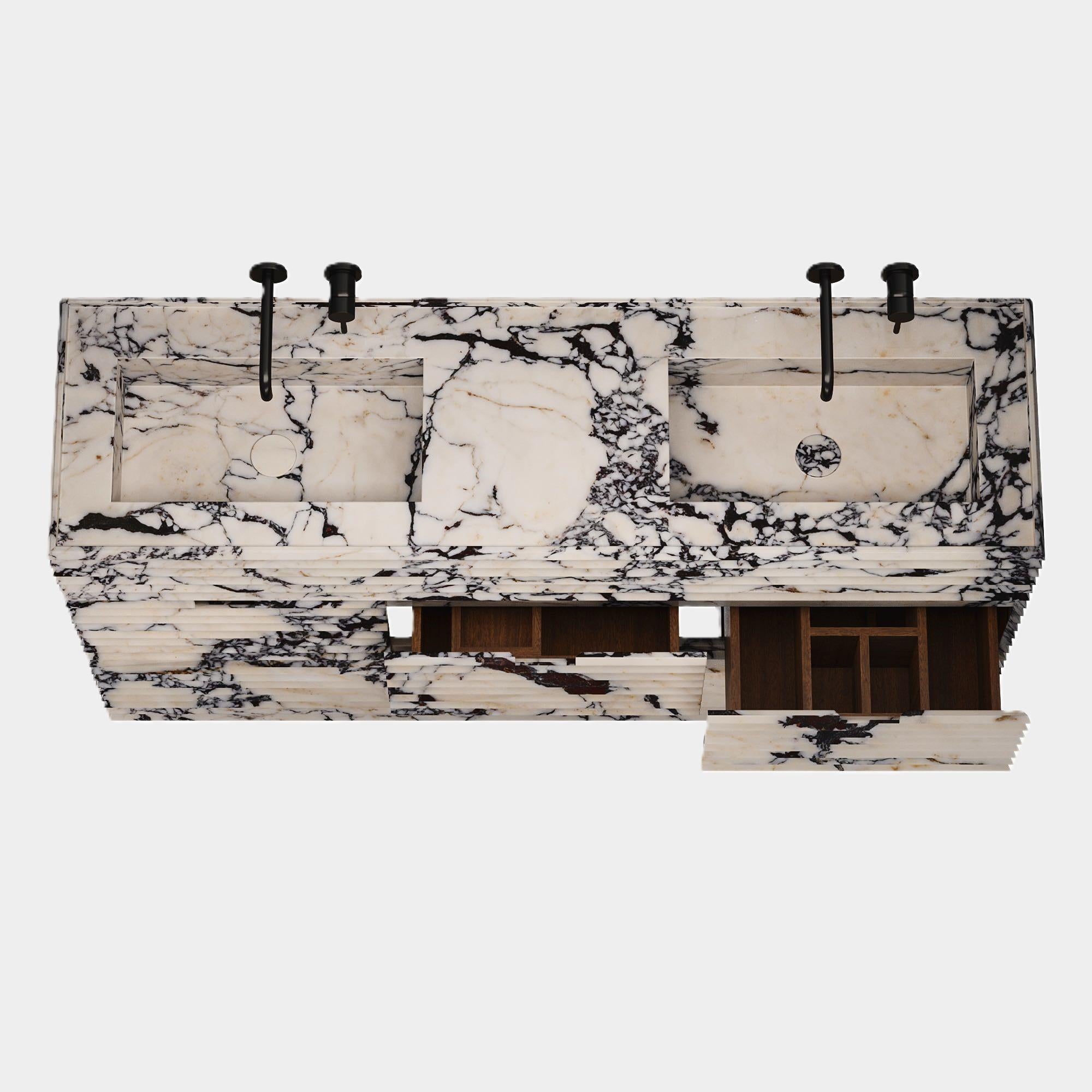Marbre Coiffeuse de salle de bain à double bassin en marbre côtelé Njord - Calacatta Viola en vente