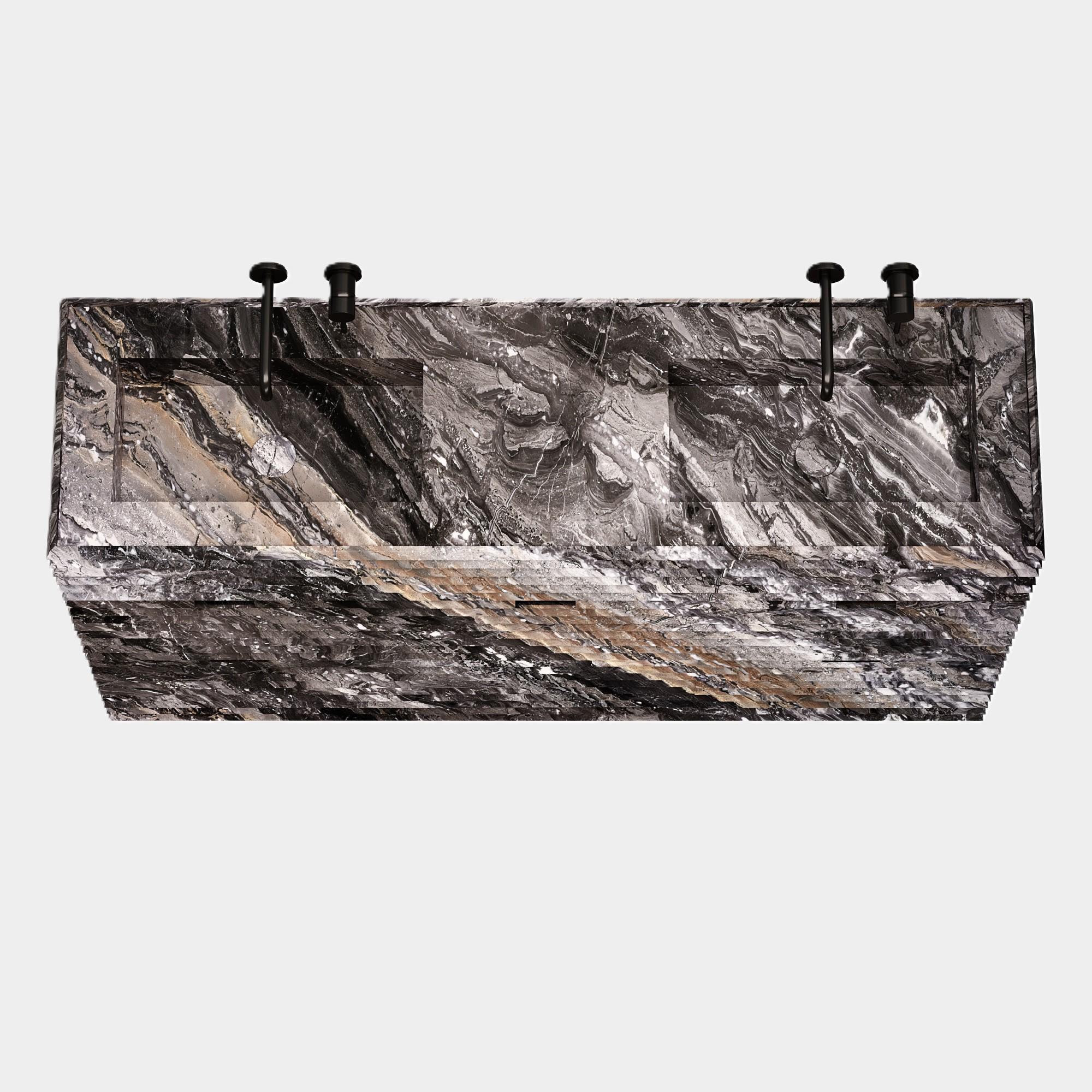 Njord – gerippter Marmor – Waschtisch mit doppeltem Basin für das Badezimmer – Grau Galaxy (Skandinavische Moderne) im Angebot
