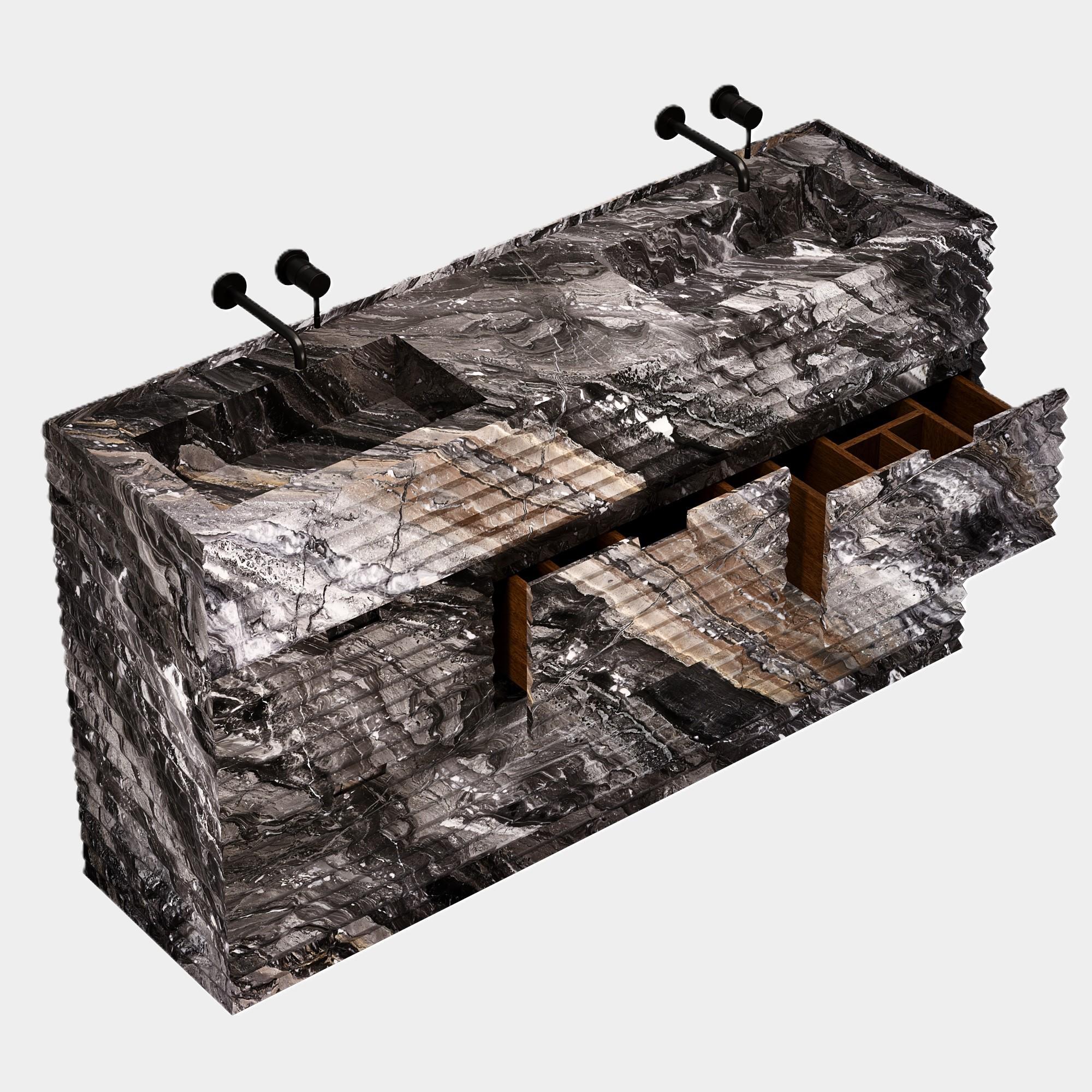 Njord – gerippter Marmor – Waschtisch mit doppeltem Basin für das Badezimmer – Grau Galaxy im Zustand „Neu“ im Angebot in Lisbon, PT