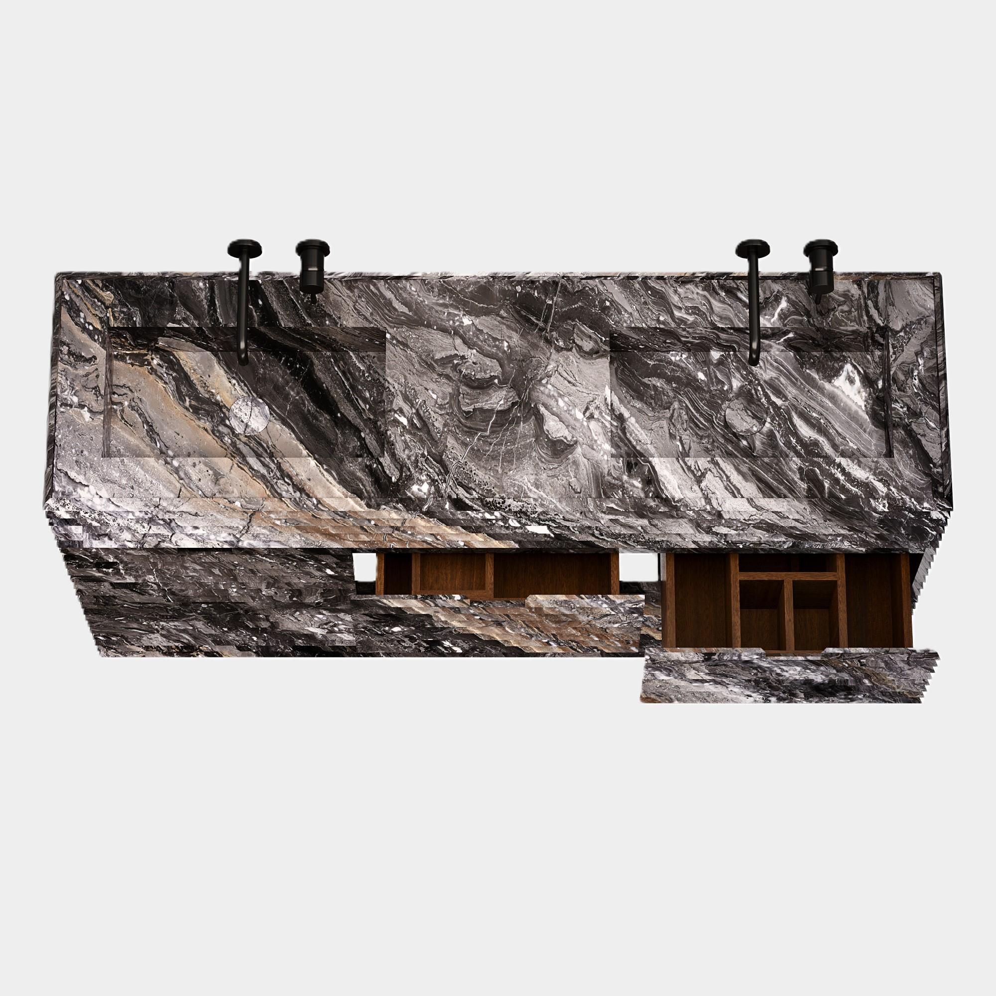 Njord – gerippter Marmor – Waschtisch mit doppeltem Basin für das Badezimmer – Grau Galaxy (21. Jahrhundert und zeitgenössisch) im Angebot