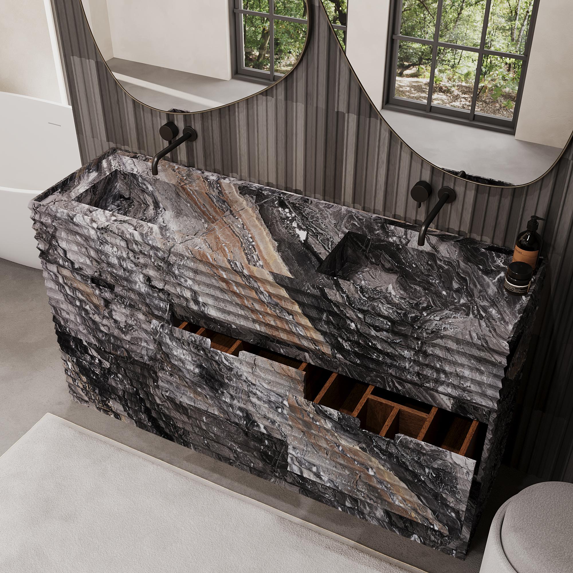 Njord – gerippter Marmor – Waschtisch mit doppeltem Basin für das Badezimmer – Grau Galaxy im Angebot 2
