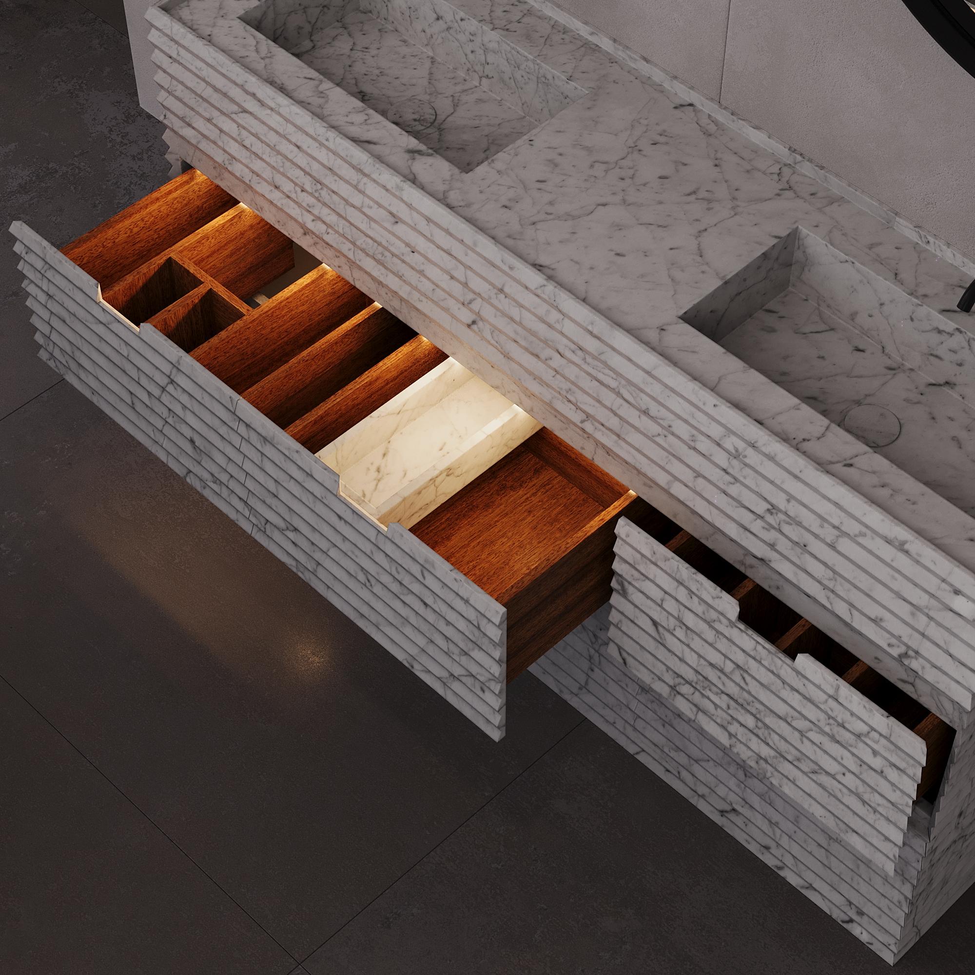 Njord - Mármol estriado - Lavabo doble - Blanco Carrara Escandinavo moderno en venta