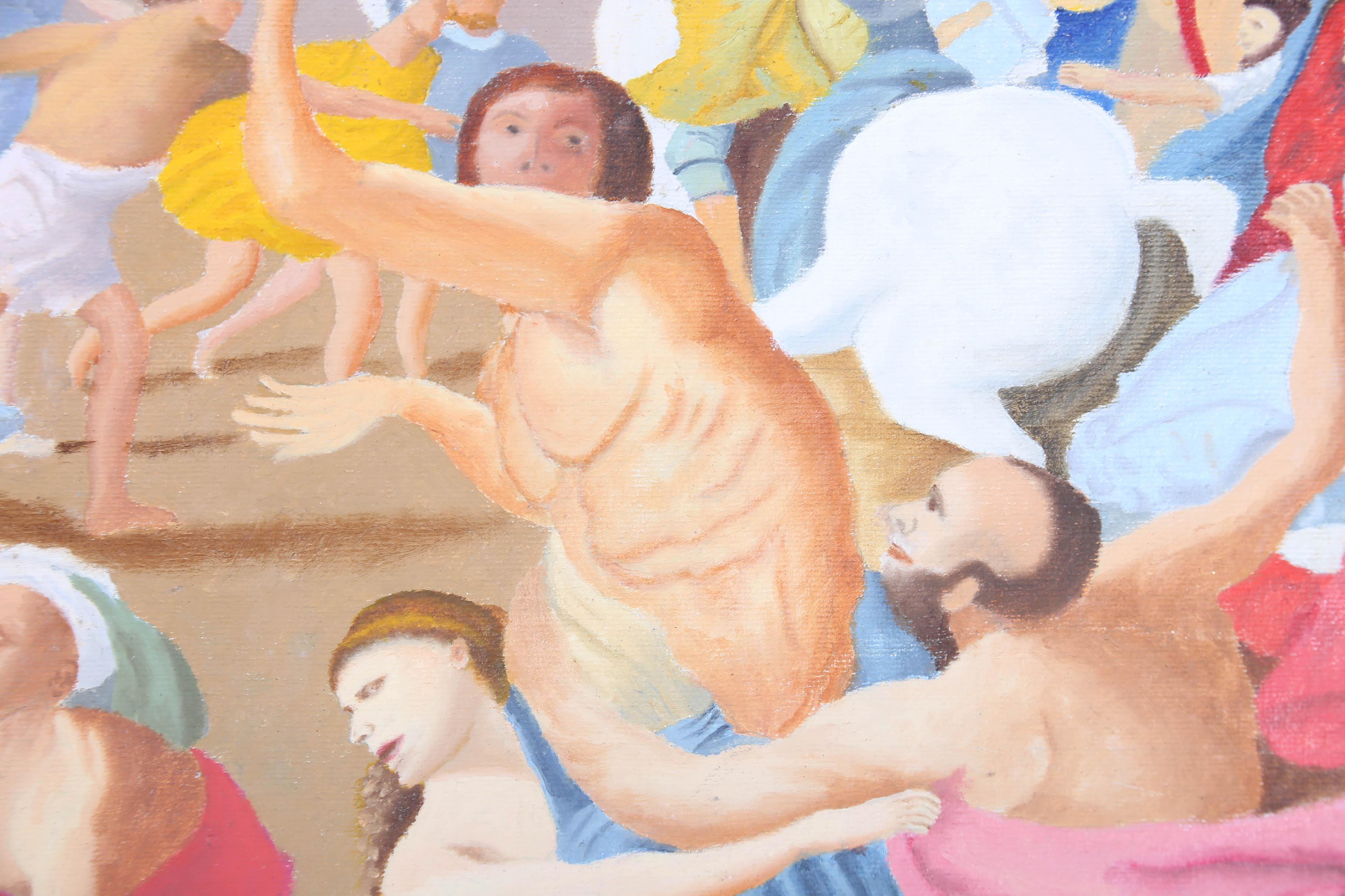 Una straordinaria copia contemporanea del dipinto originale di Nicolas Poussin. La scena mostra il saccheggio e la conquista delle donne sabine. Su tavola di tela.
