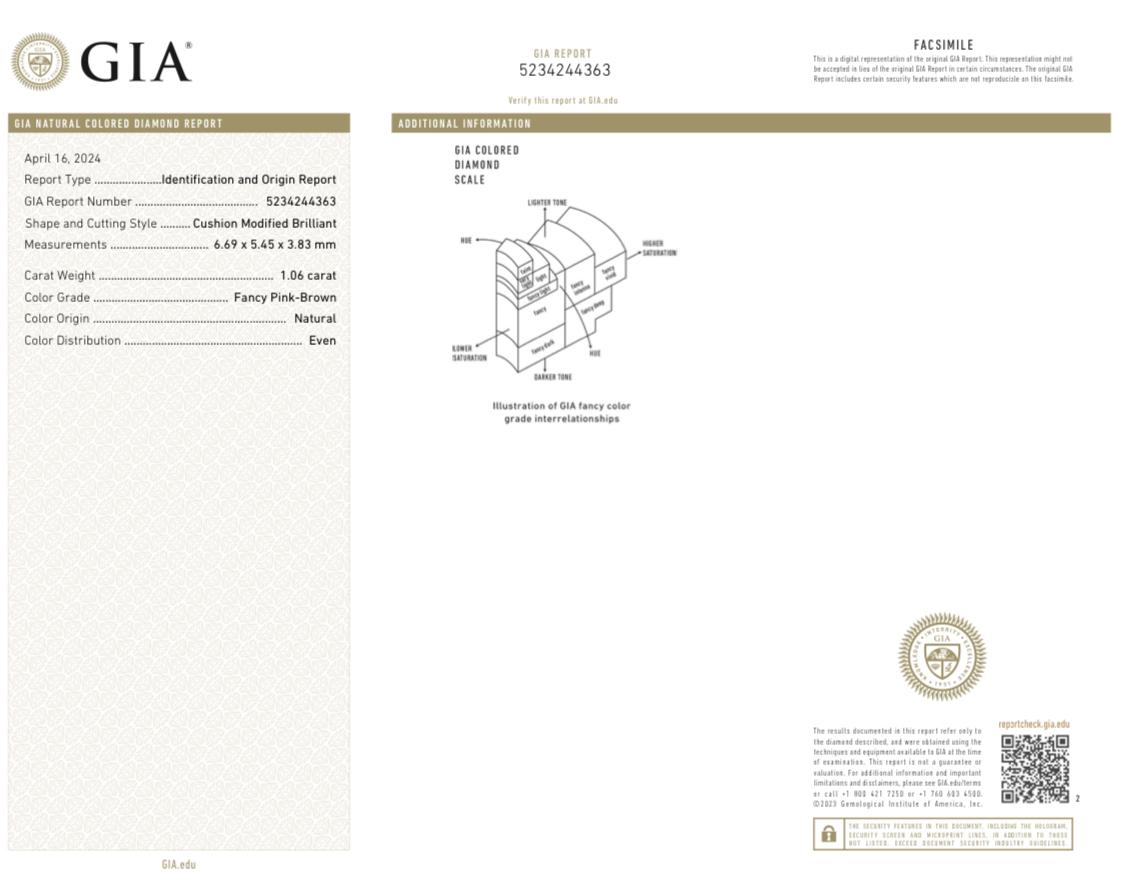 Diamante certificado por GIA

Forma- Cojín Modificado Brillante

Peso en quilates- 1,06

Color- Rosa fantas�ía-Marrón

Claridad- SI2-I1

¡Aquí tienes la oportunidad de poseer un Fancy Pink Diamond!  Con un asombroso diamante brillante alargado en
