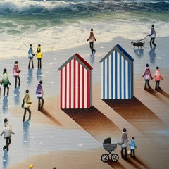 'Red Kite' Contemporary Colourful figurative painting of a beach, waves, sky