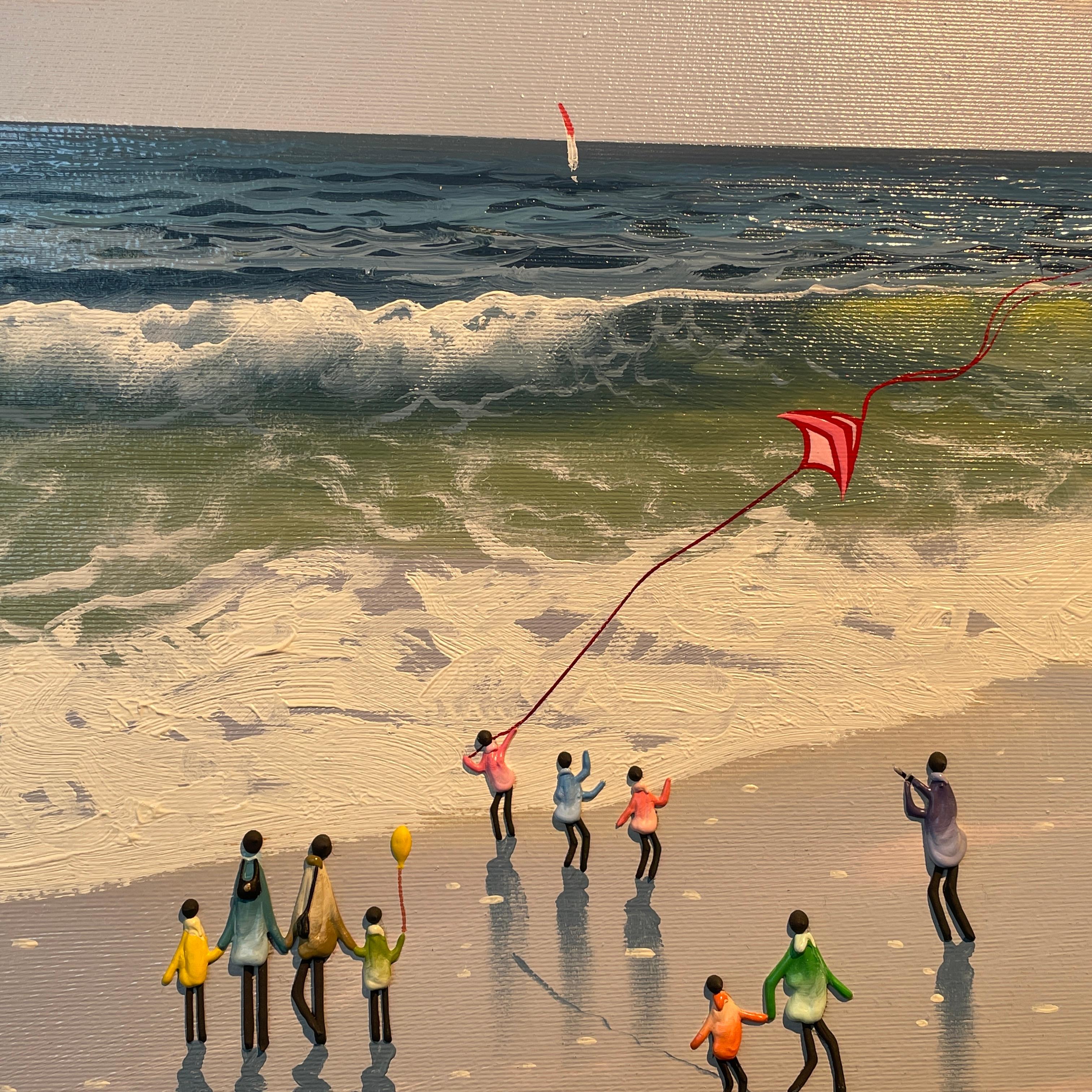 'Red Kite' Quadro figurativo colorato contemporaneo di una spiaggia, onde e cielo - Figurative Painting Grigio di N.Miro