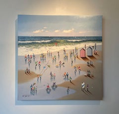 'Red Kite' Contemporary Colourful figurative painting of a beach, waves, sky