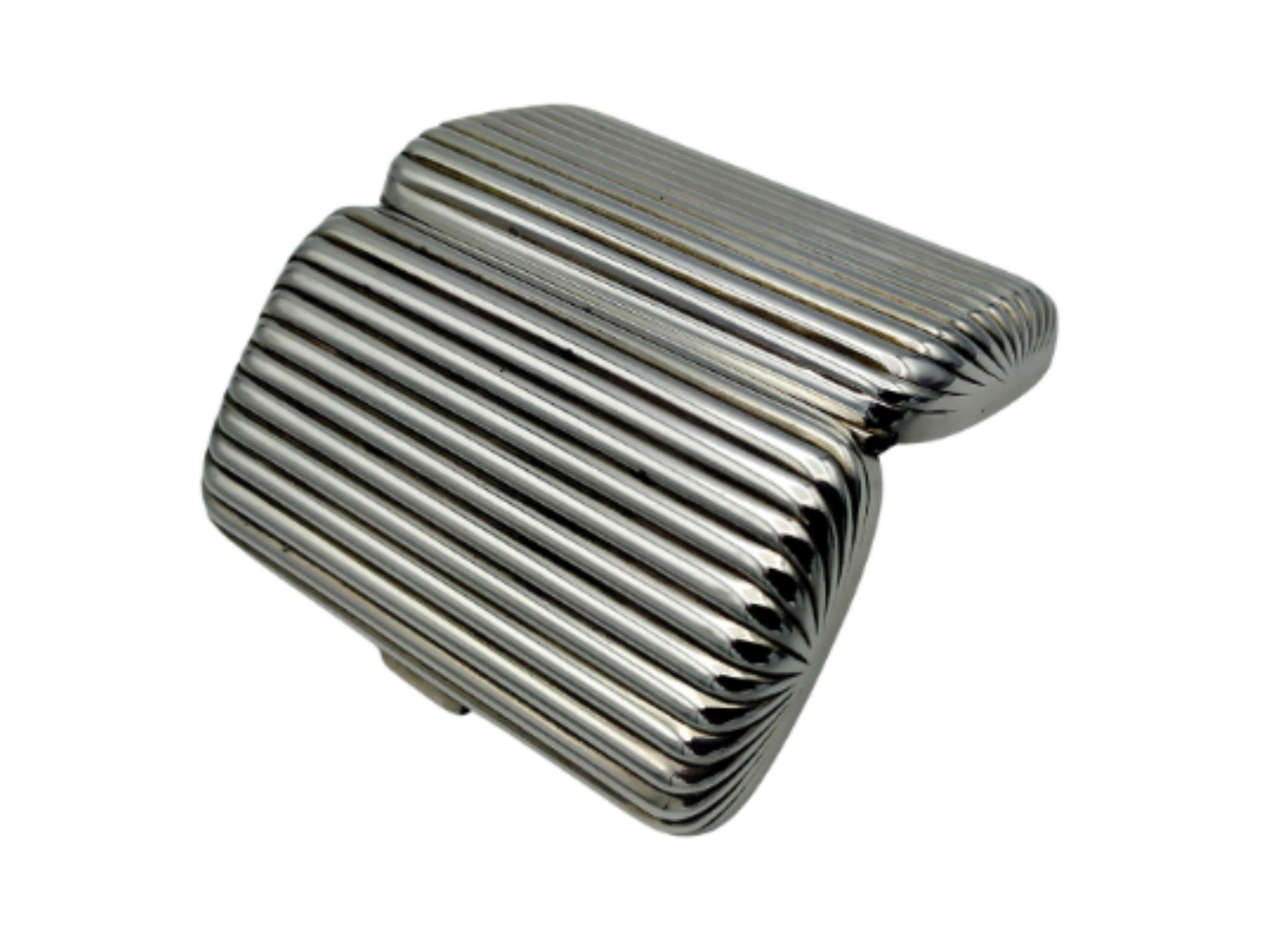 Striped cigarette case, oval section in 925/1000 sterling silver, button and spring opening, early 20th century Art Deco style. Measurements cm. 9.5 x 5.5 x 2.5 Weight gr. 125. Designed in 1936 and produced in 1979 in the Salimbeni factory with