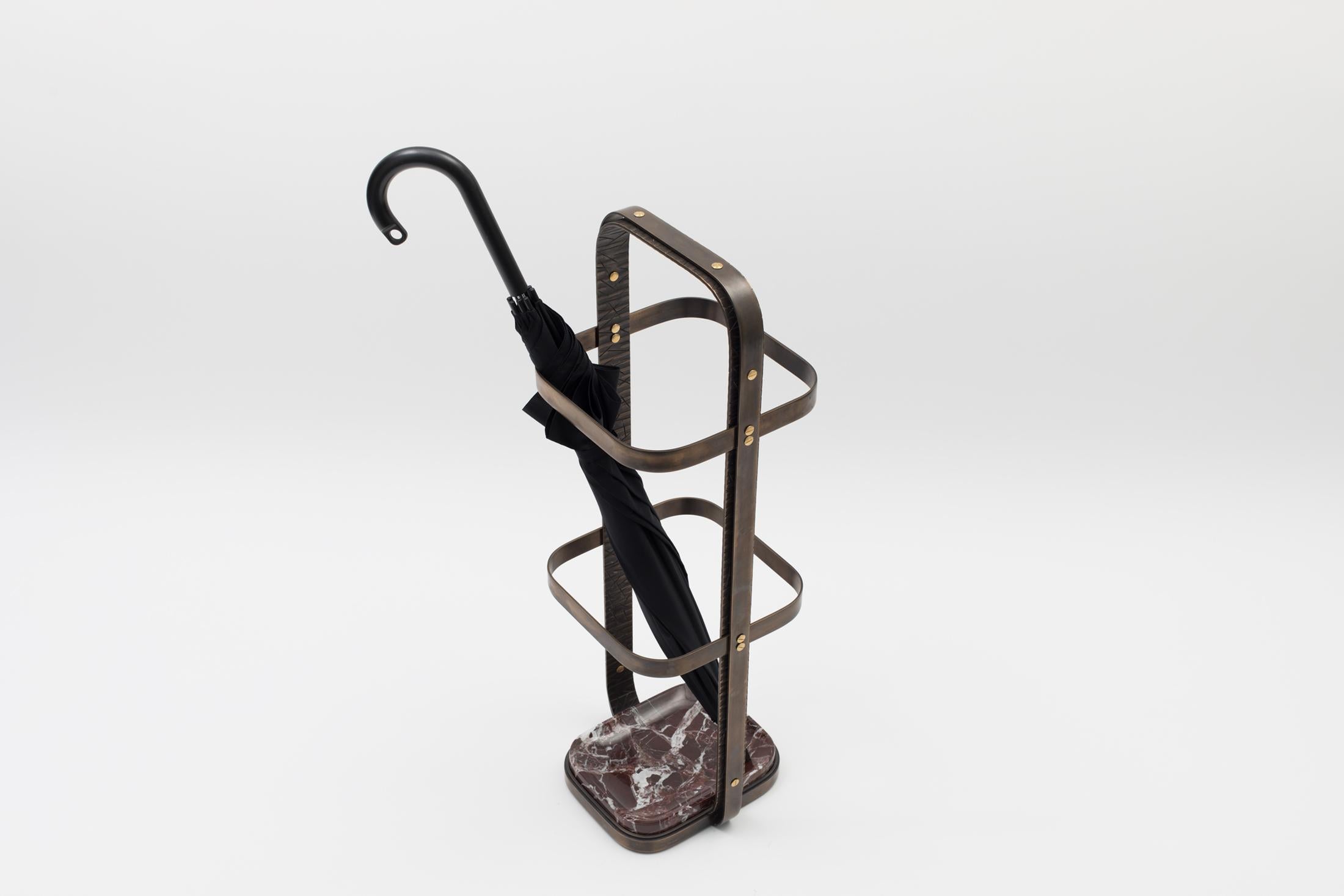 Patinated No. 1 Umbrella Stand - brass plated steel, polished Rosso Levanto marble