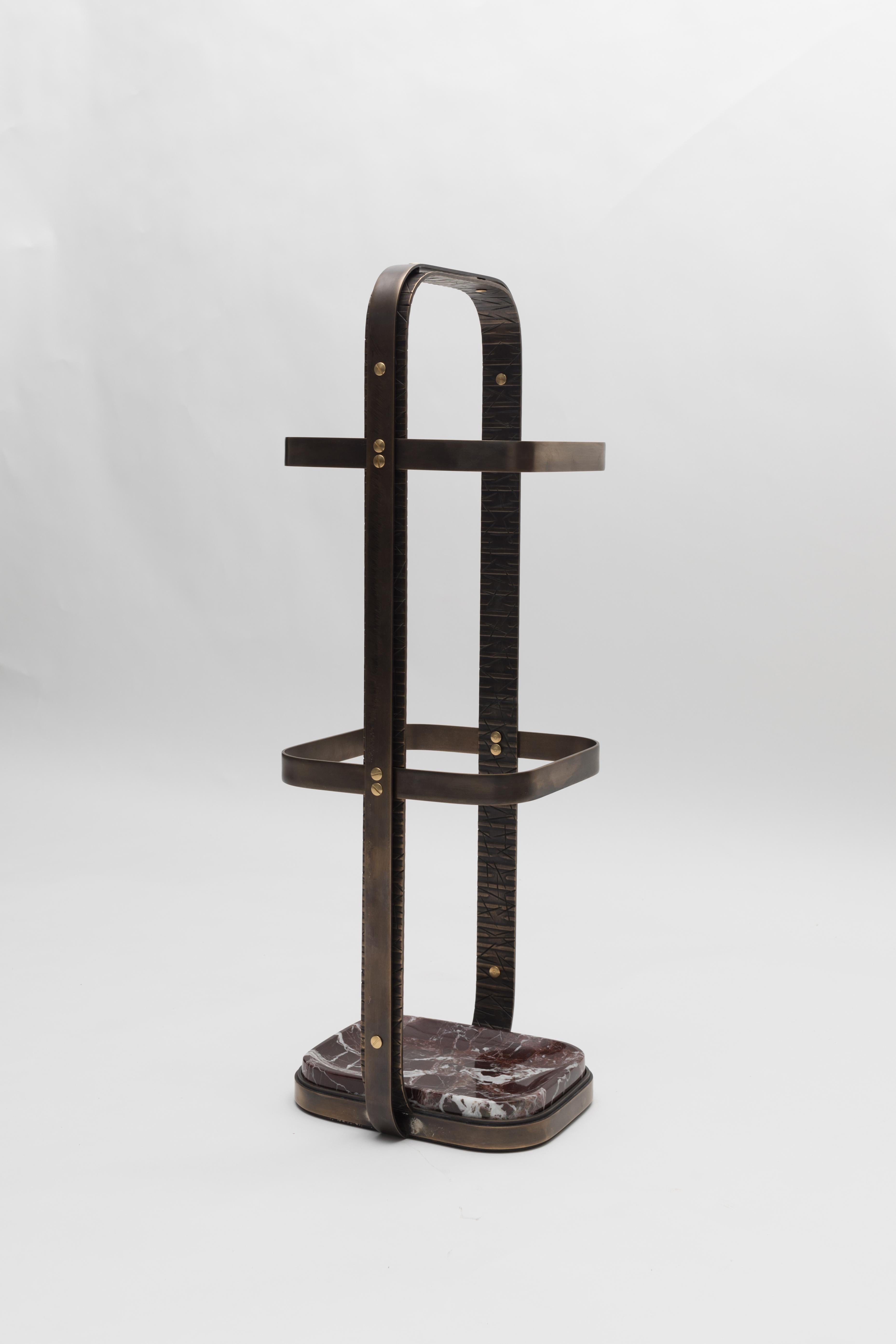 No. 1 Umbrella Stand - brass plated steel, polished Rosso Levanto marble In Excellent Condition In NEW YORK, NY