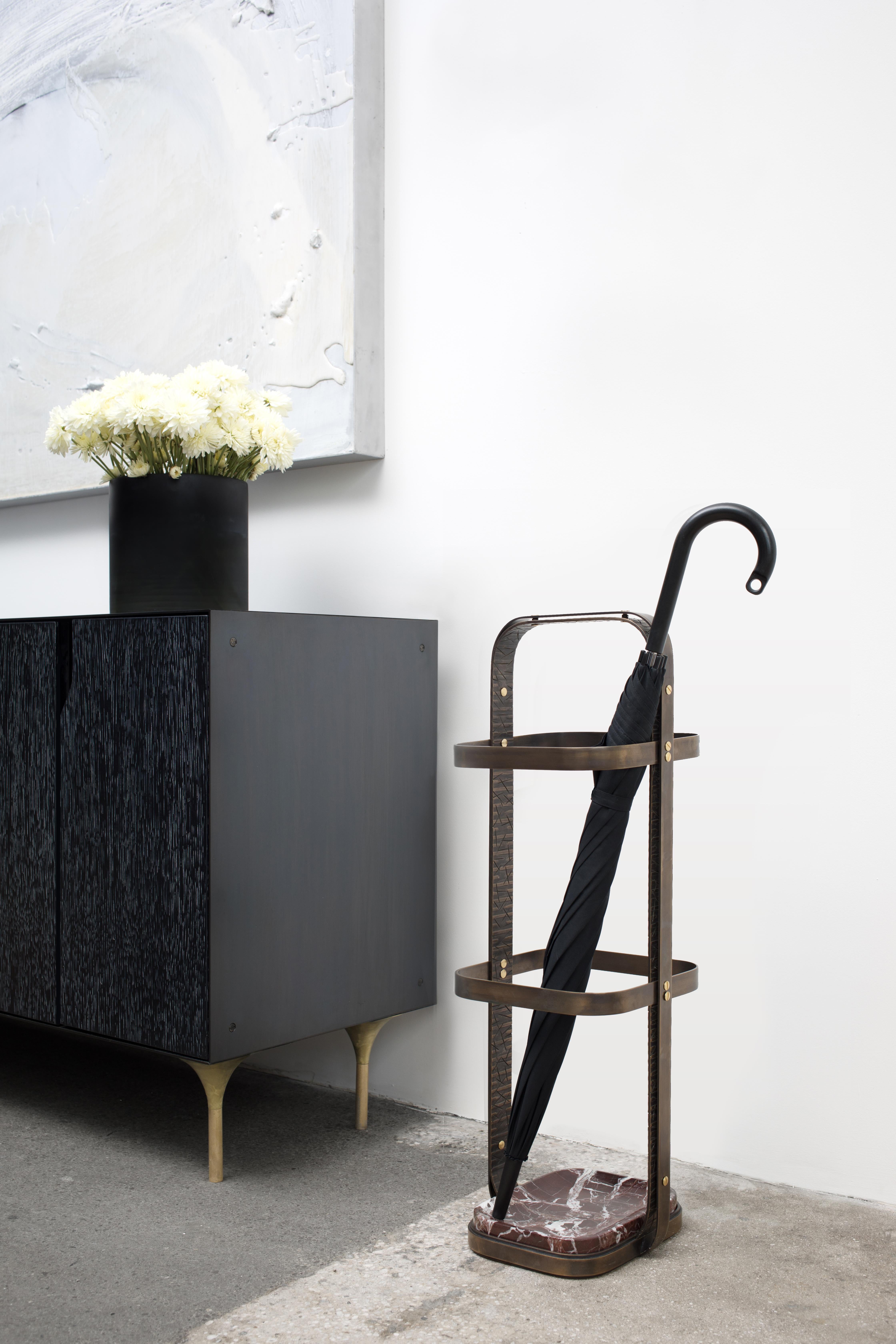 Steel No. 1 Umbrella Stand - brass plated steel, polished Rosso Levanto marble