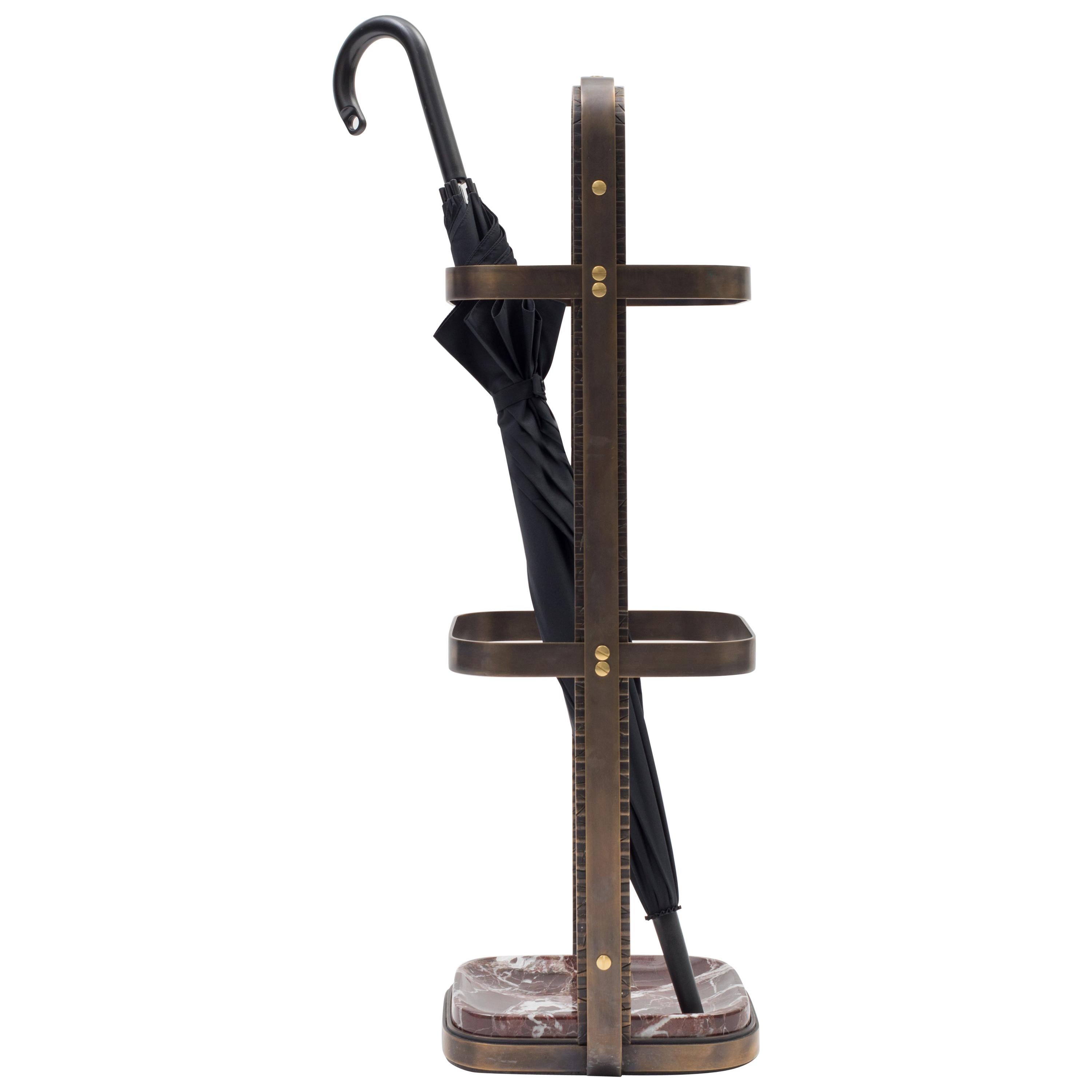 No. 1 Umbrella Stand - brass plated steel, polished Rosso Levanto marble