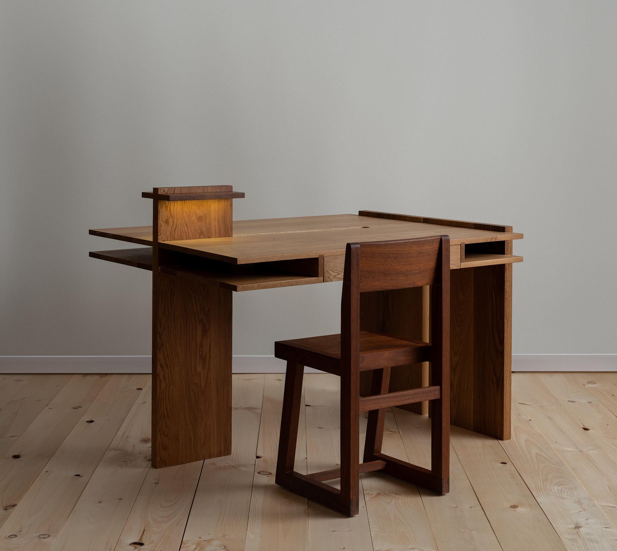 The No. 16 Desk is a versatile and refined piece, designed to adapt to a solitary workspace or serve as a collaborative multi-user surface. Crafted entirely from solid hardwood and built to order, the example shown measures approximately 54″ × 48″ ×