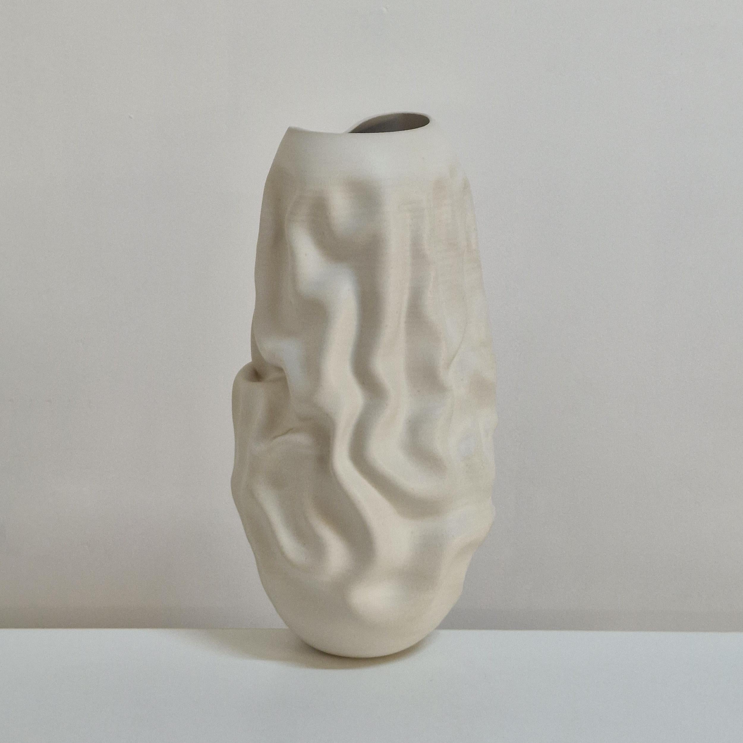 Organic Modern No. 163 White Crumpled Form Vessel, Unique Ceramic Sculpture For Sale