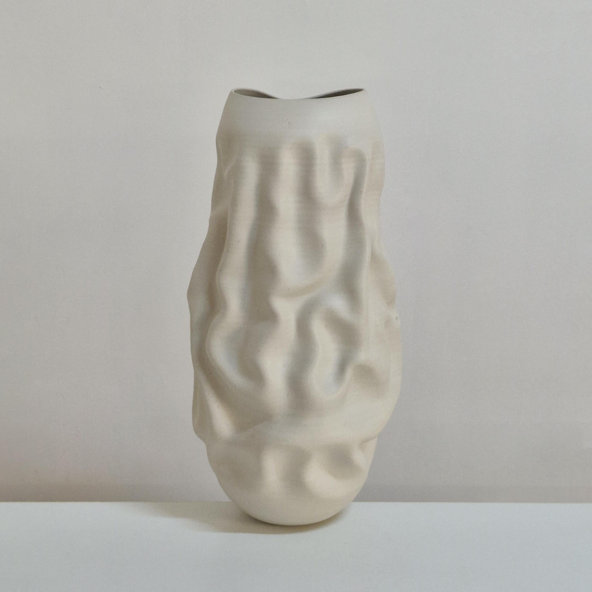 Spanish No. 163 White Crumpled Form Vessel, Unique Ceramic Sculpture For Sale