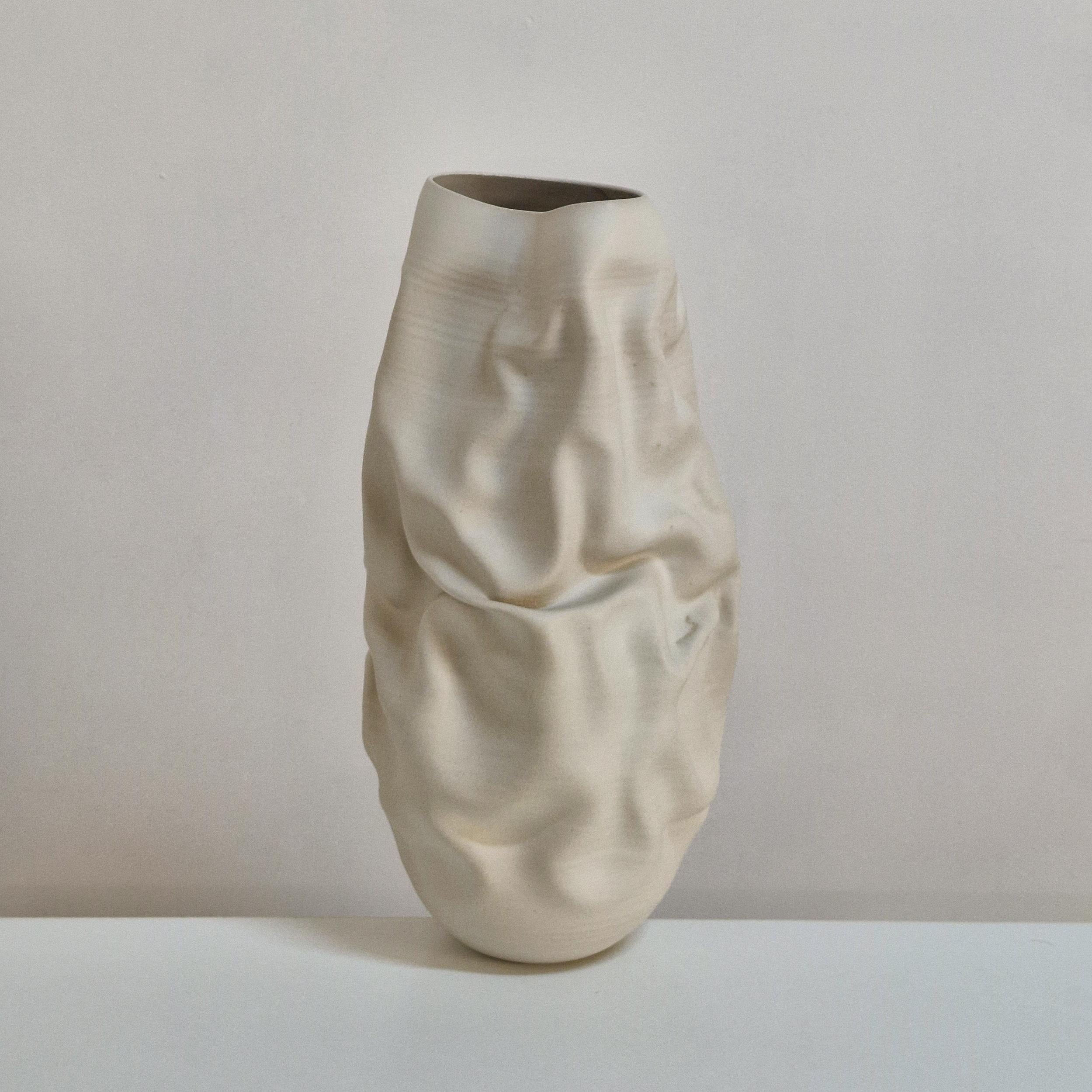 Contemporary No. 163 White Crumpled Form Vessel, Unique Ceramic Sculpture For Sale
